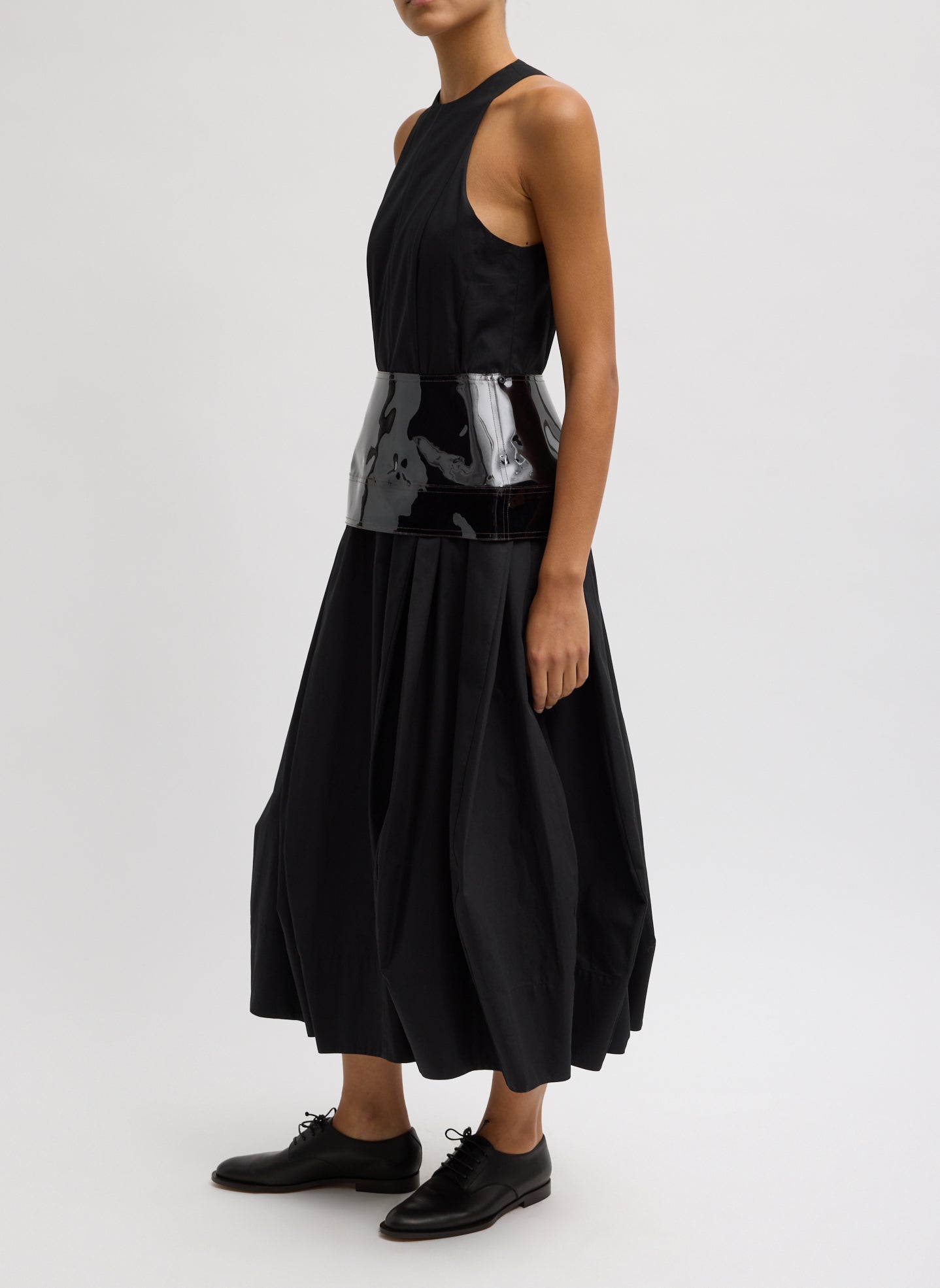 Sheer Black Peplum Belt - full look, side view on model