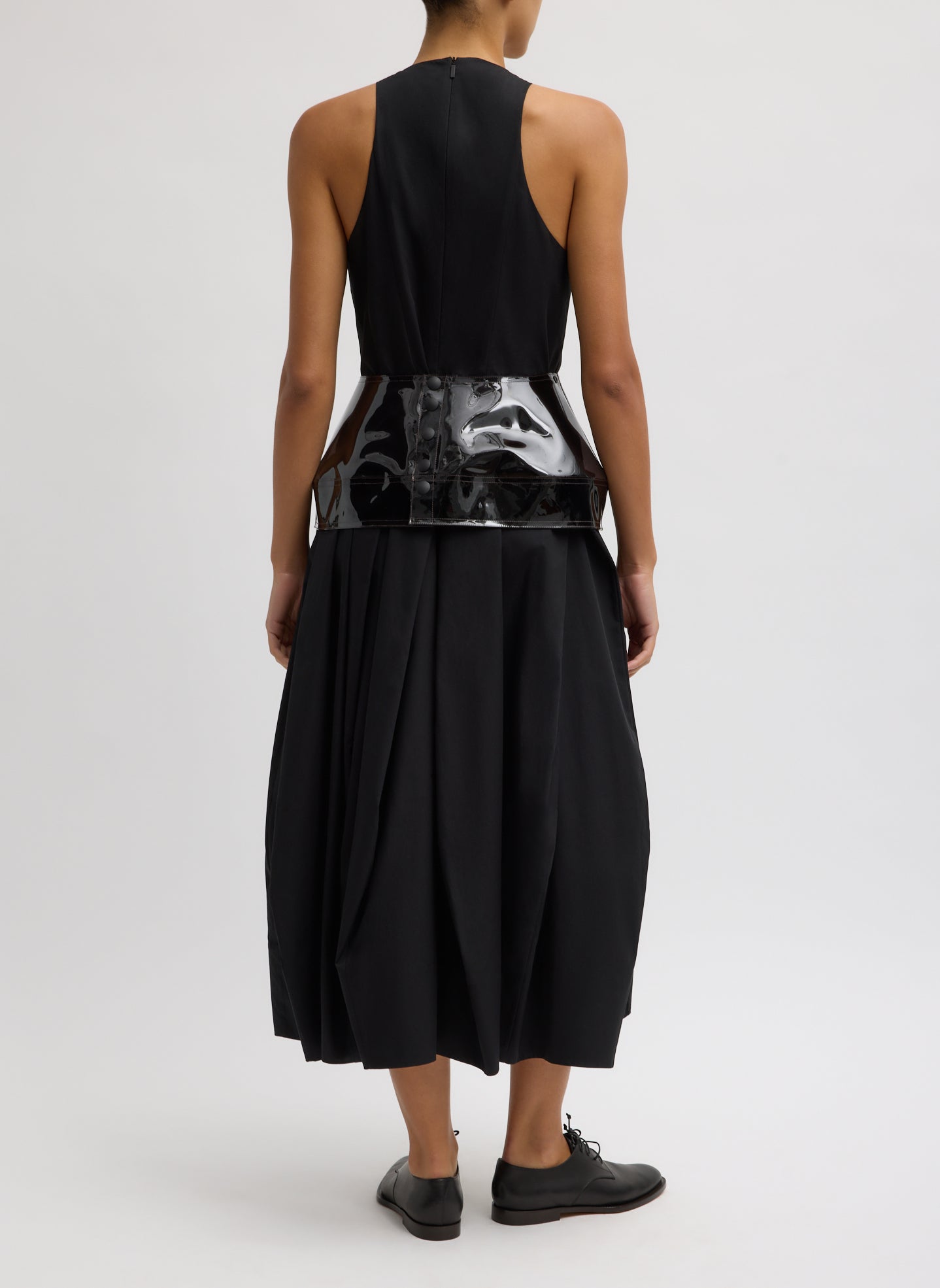 Black Compact Eco Poplin Pinched Pleat Dress - with peplum belt