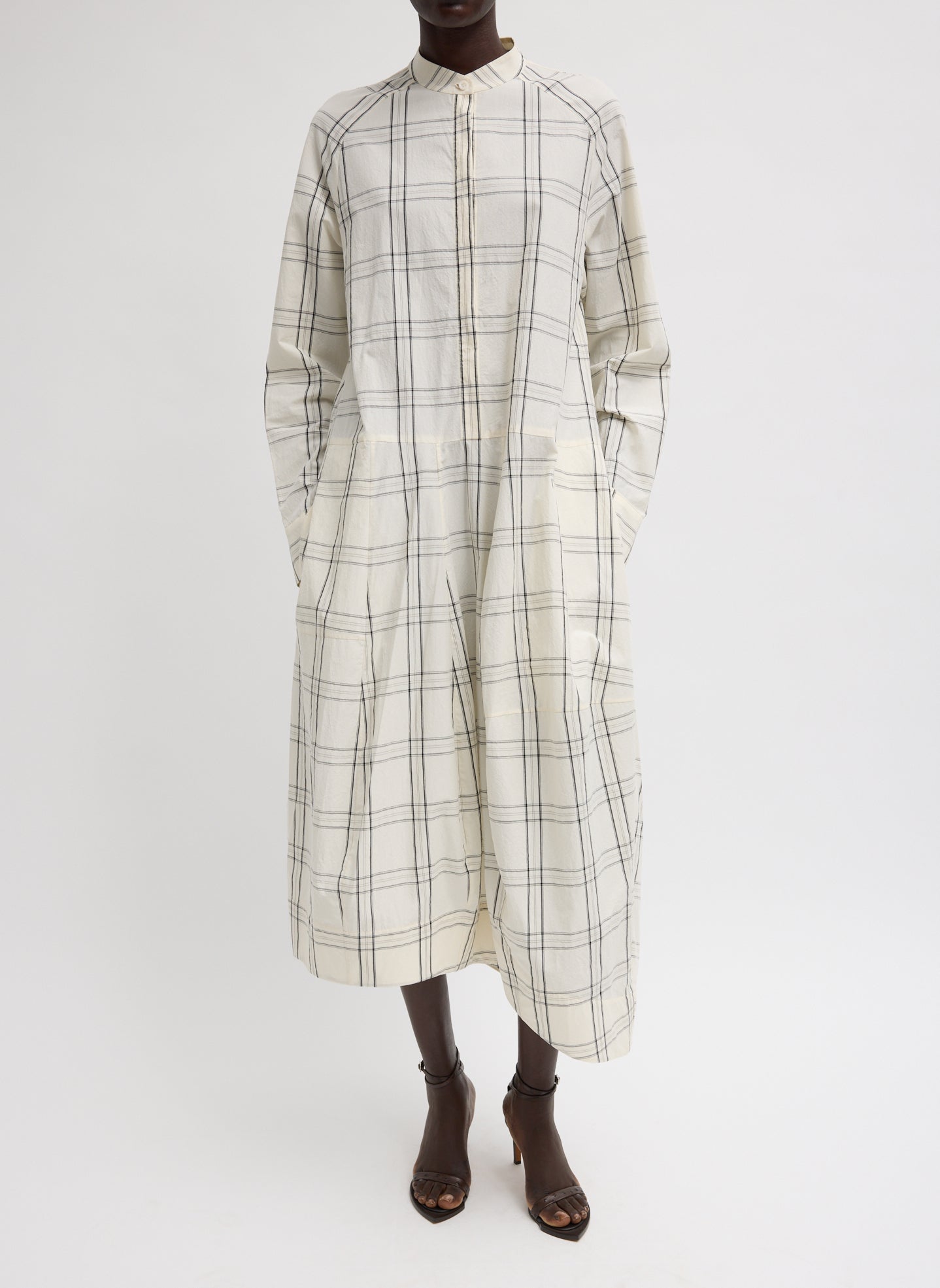 Ivory Black Multi Russel Plaid Balloon Dress - long sleeve midi shirt dress, front view on model