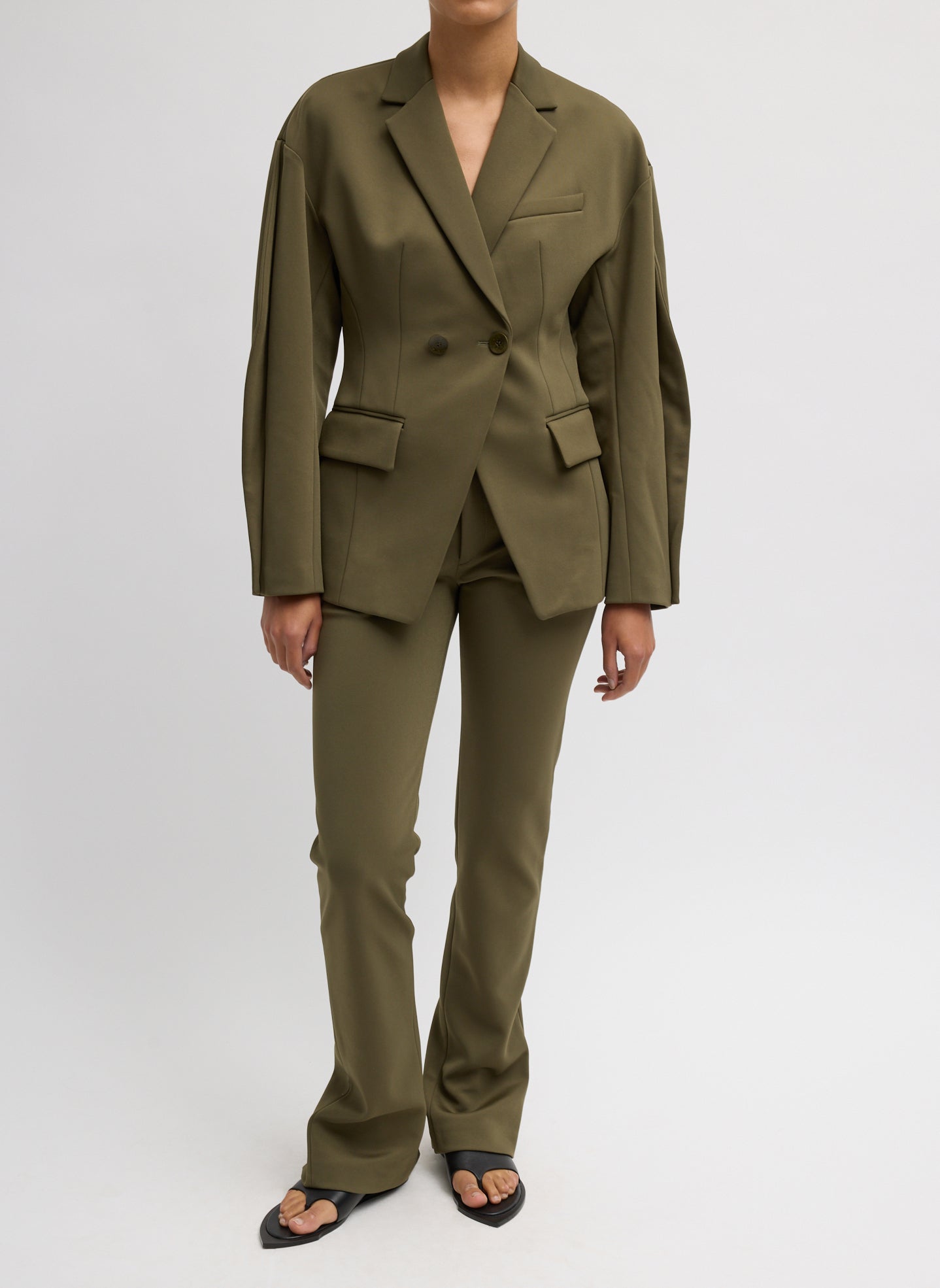 Nori Green Spring Bonded Twill Elfie Trouser With Slits - full look, front view on model