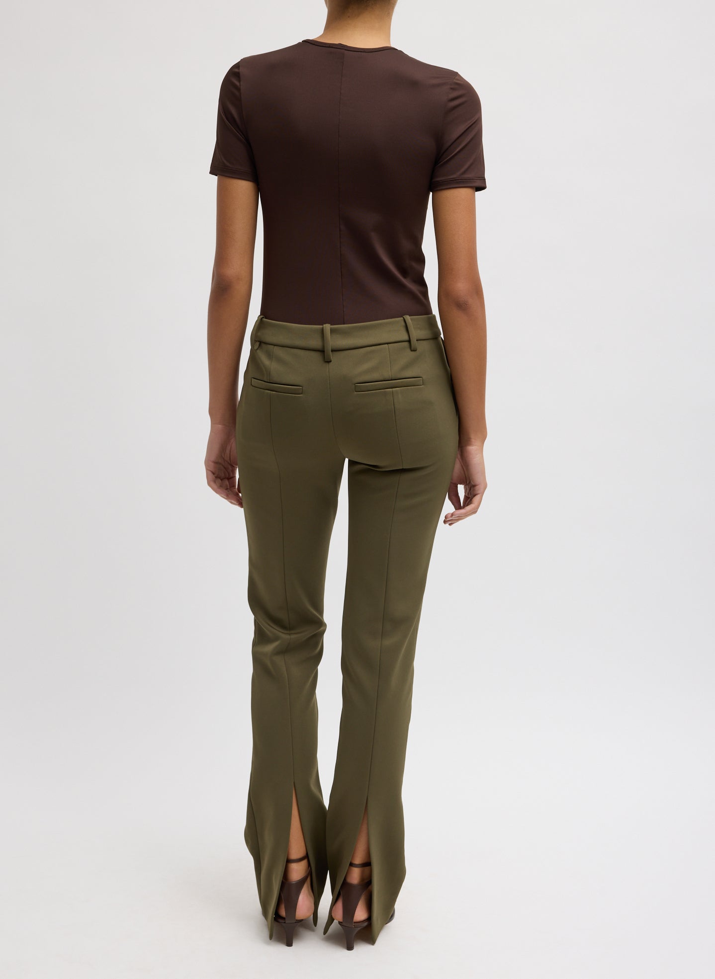 Nori Green Spring Bonded Twill Elfie Trouser With Slits - back view on model