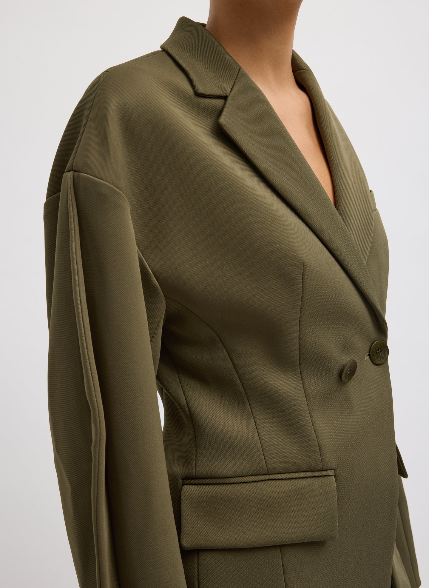 Nori Green Spring Bonded Twill Sculpted Blazer -closeup of sleeve detail