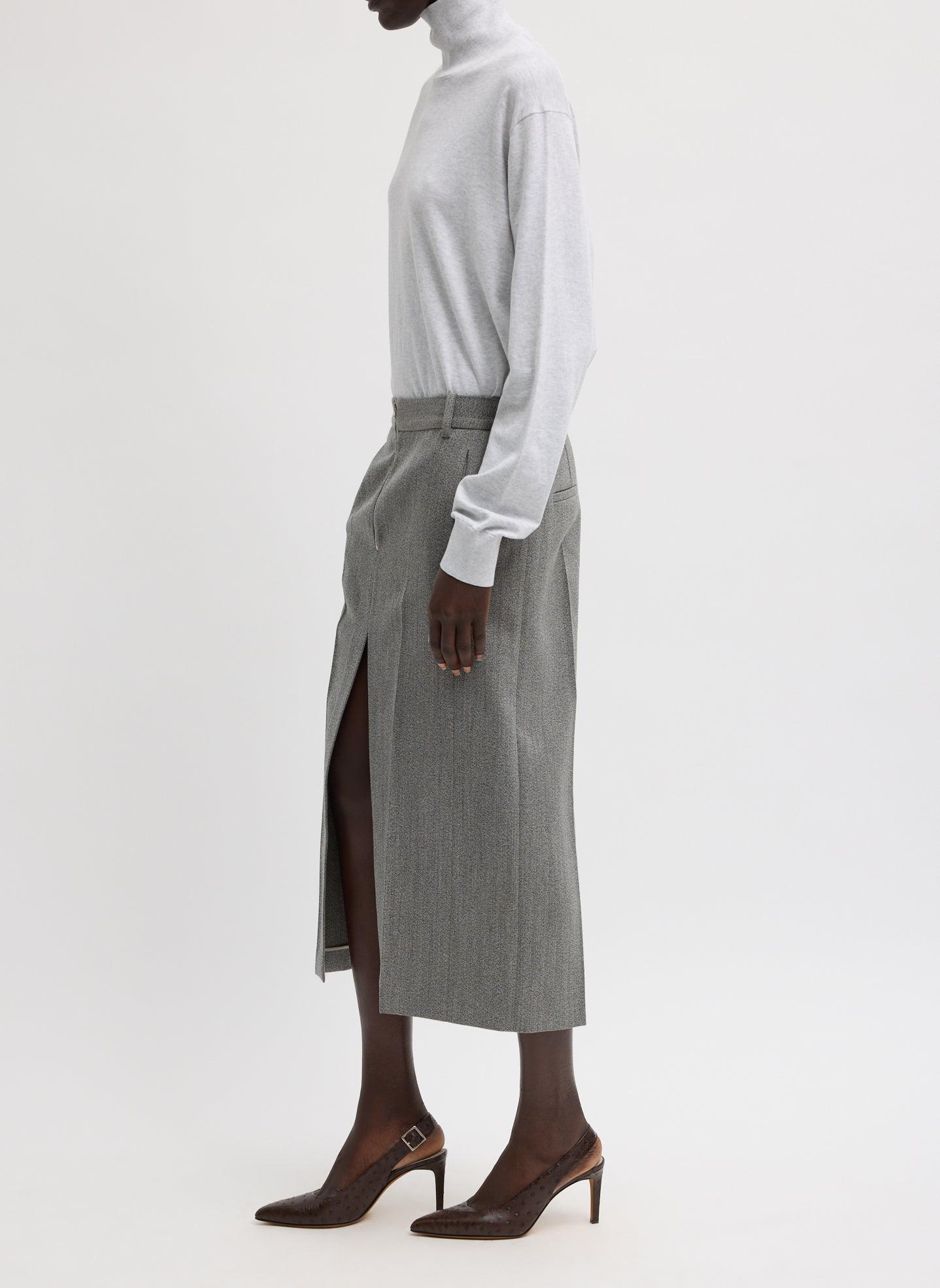Grey Structured Wool Zip Front Midi Trouser Skirt - full look, side view on model
