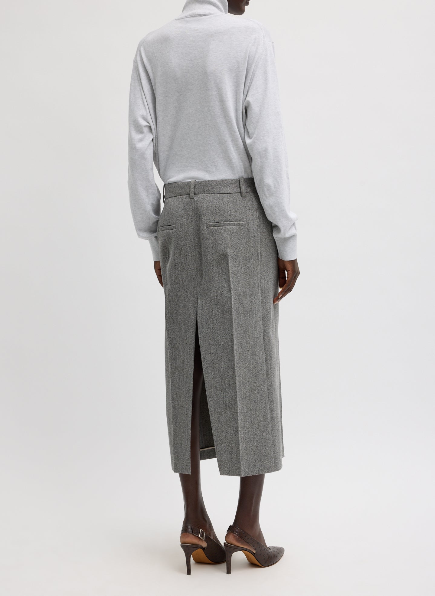 Grey Structured Wool Zip Front Midi Trouser Skirt - full look, back view on model