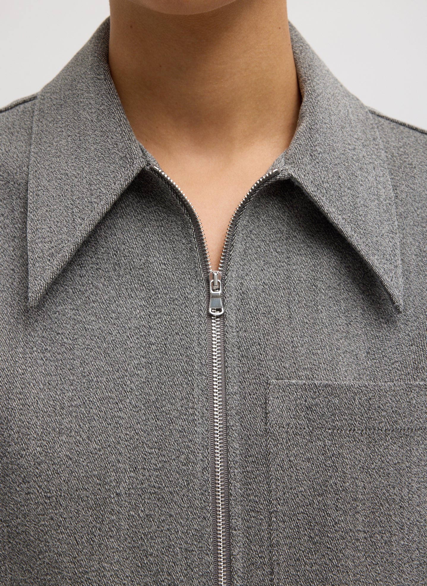 Grey Structured Wool Zip Jacket - close up of zip front detail