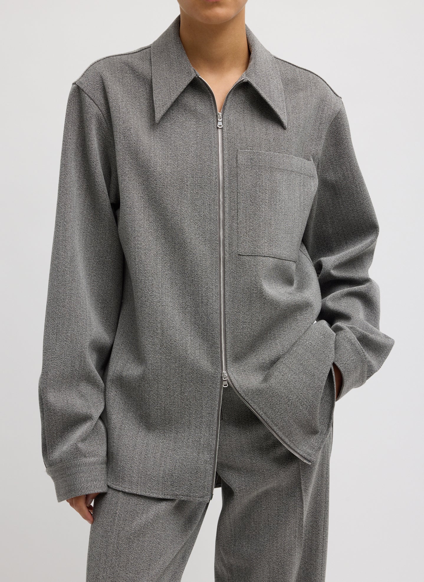 Grey Structured Wool Zip Jacket - front view on model