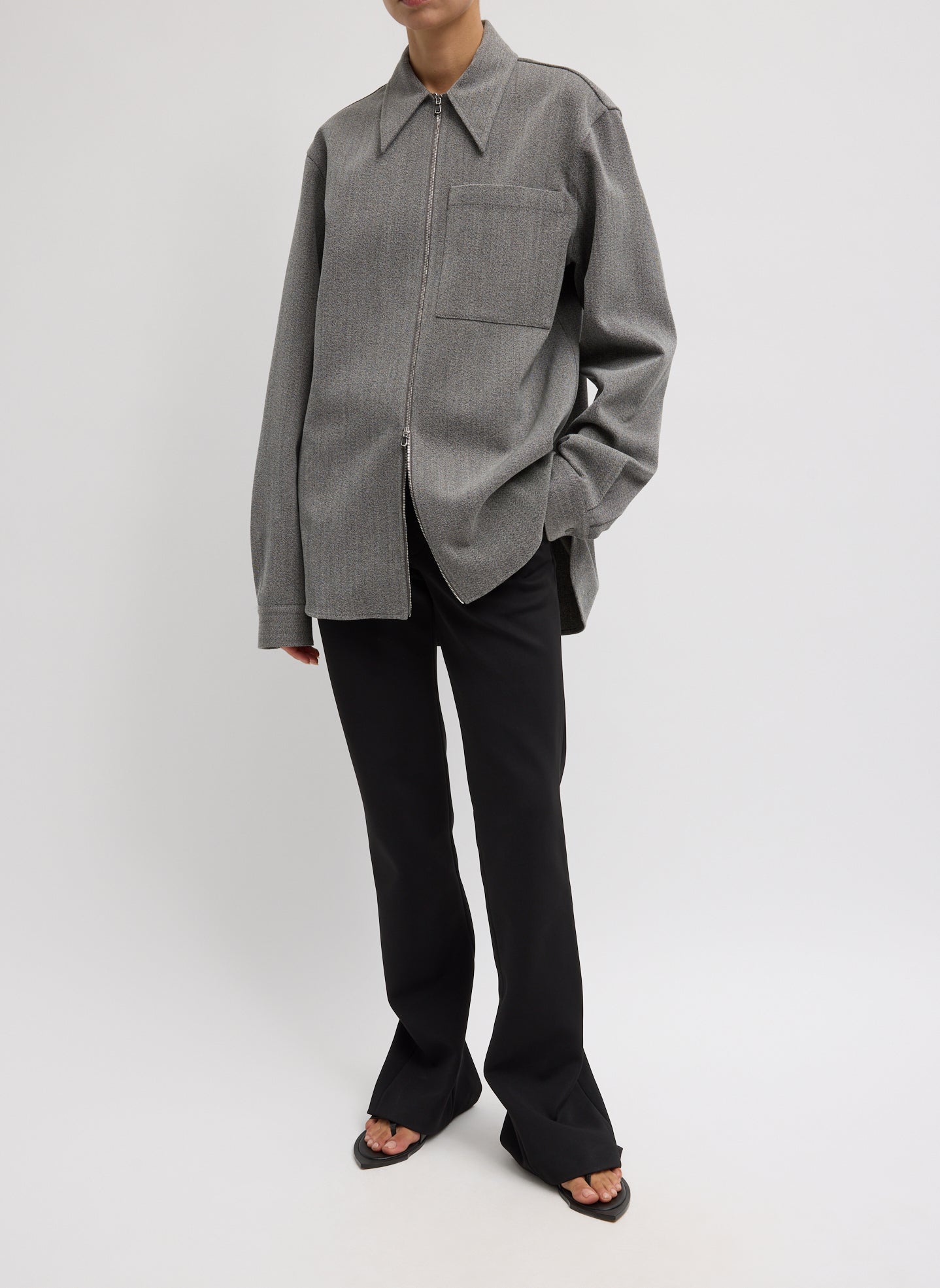 Grey Structured Wool Zip Jacket - full look, front view on model