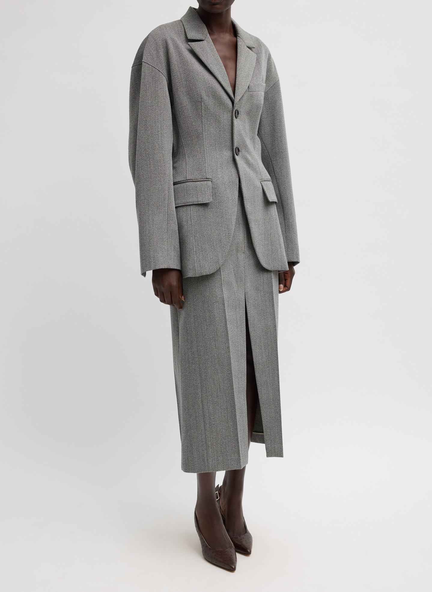 Grey Structured Wool Sculpted Blazer - full look, side view on model