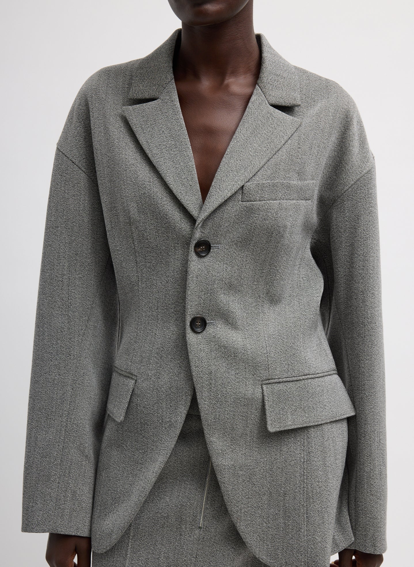 Grey Structured Wool Sculpted Blazer - single breast, front view on model