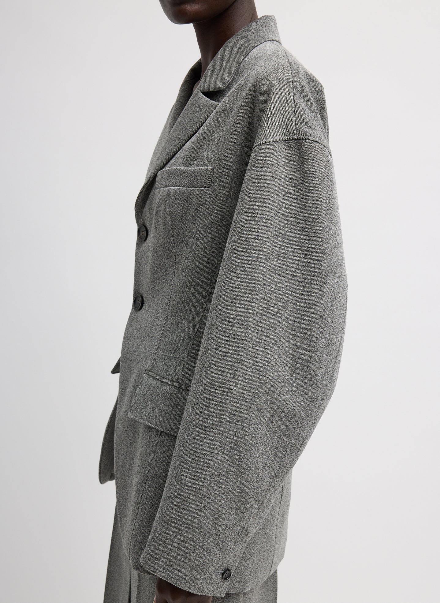 Grey Structured Wool Sculpted Blazer - single breasted, side view on model