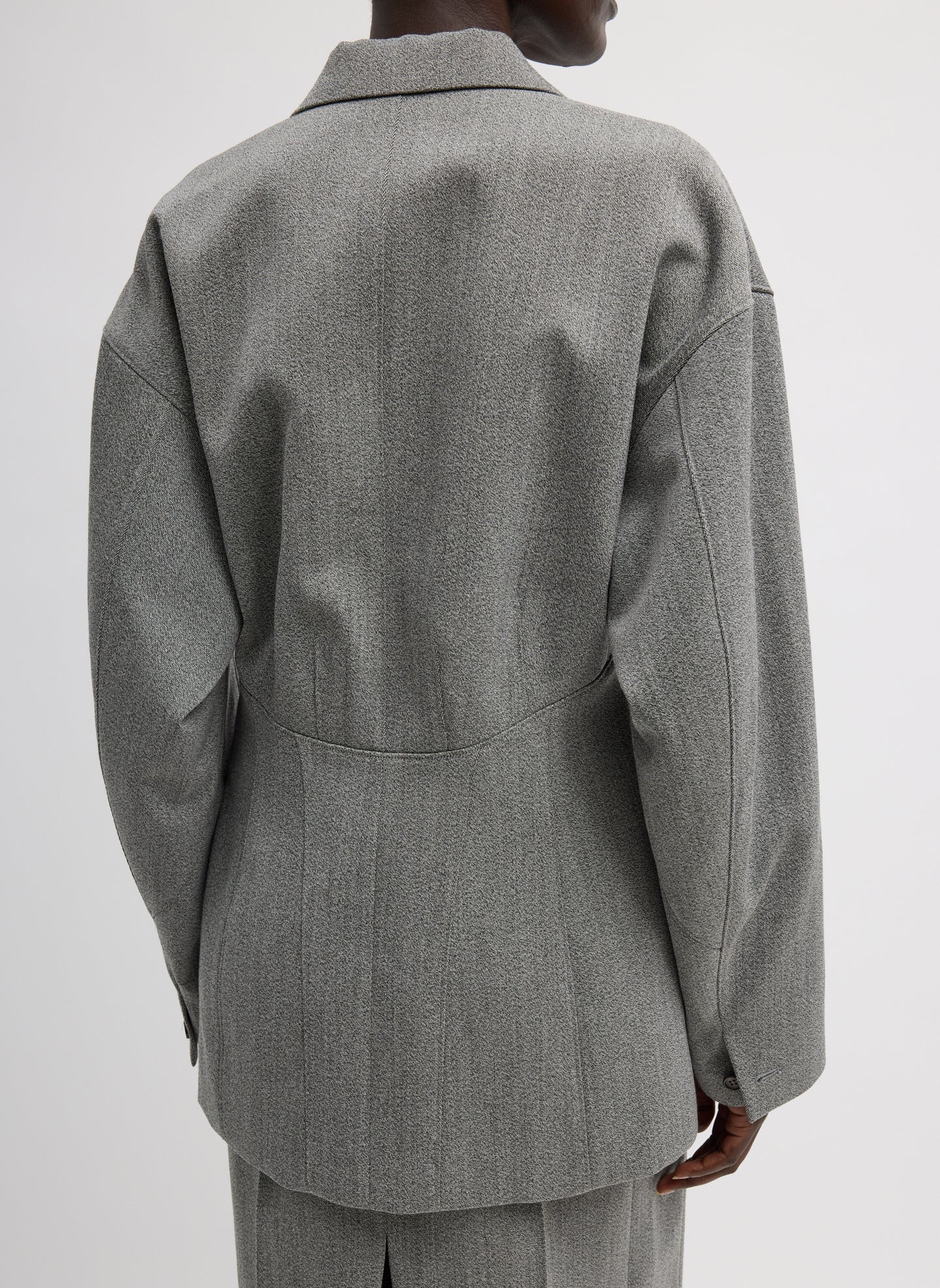 Grey Structured Wool Sculpted Blazer - single breasted, back view on model