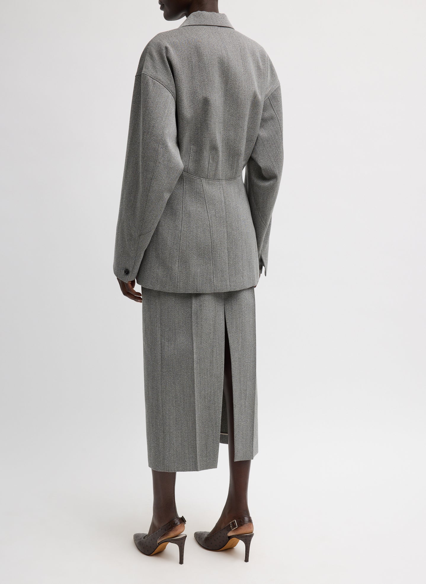 Grey Structured Wool Zip Front Midi Trouser Skirt - full look, back view on model