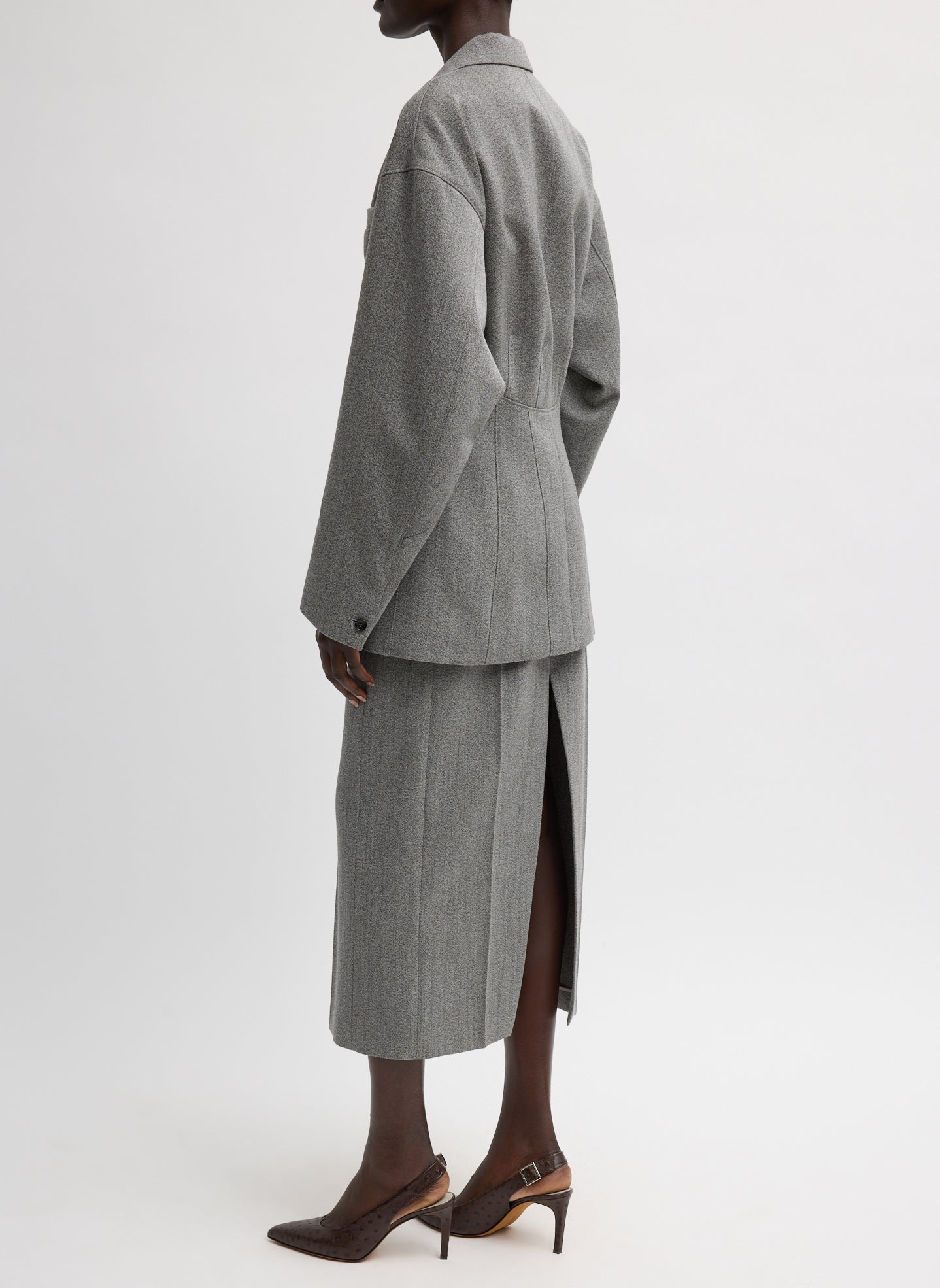 Grey Structured Wool Sculpted Blazer - full look, side view on model