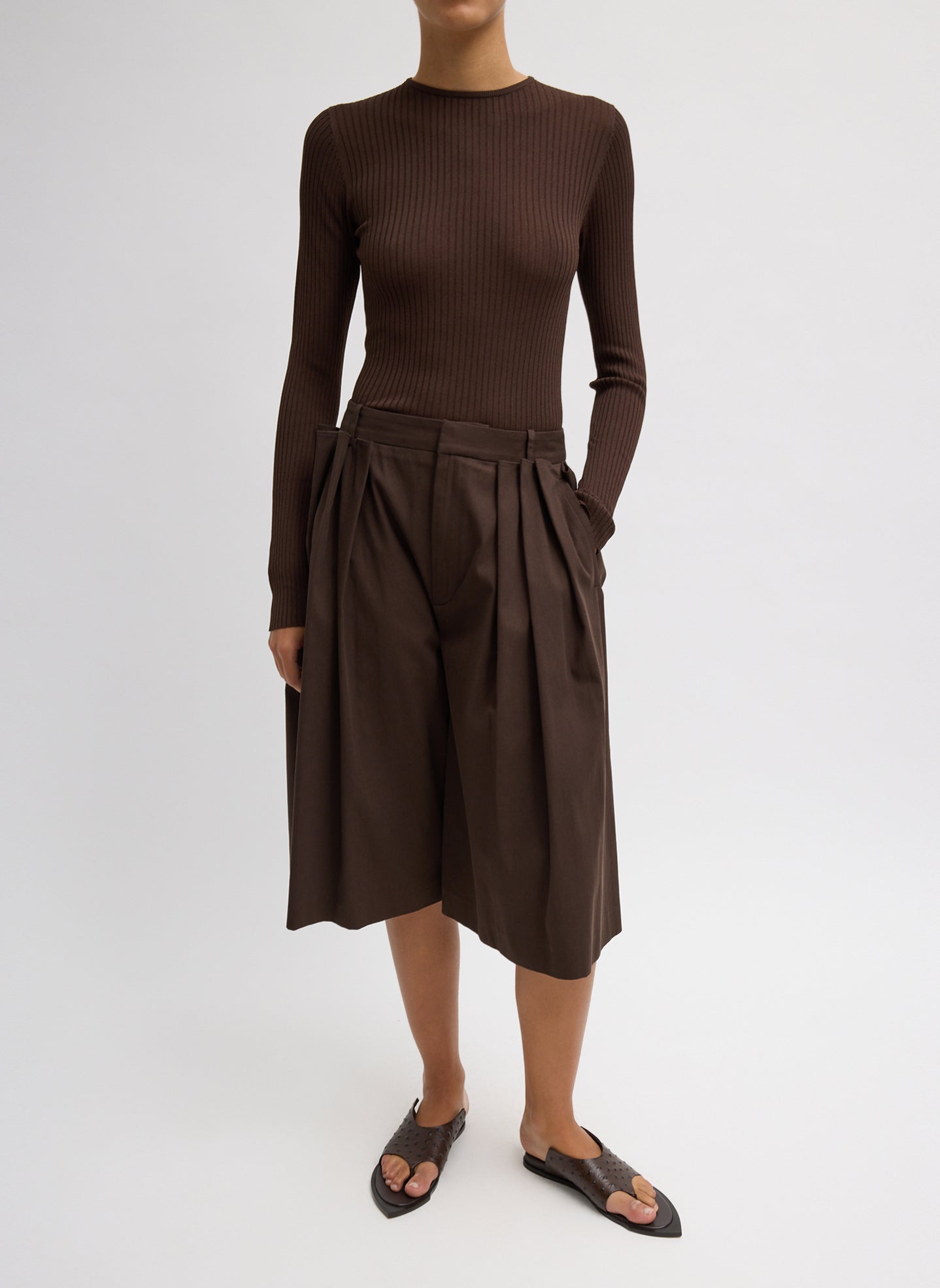 Hickory Brown Ribbed Crewneck - long sleeve, thin knit, front view on model