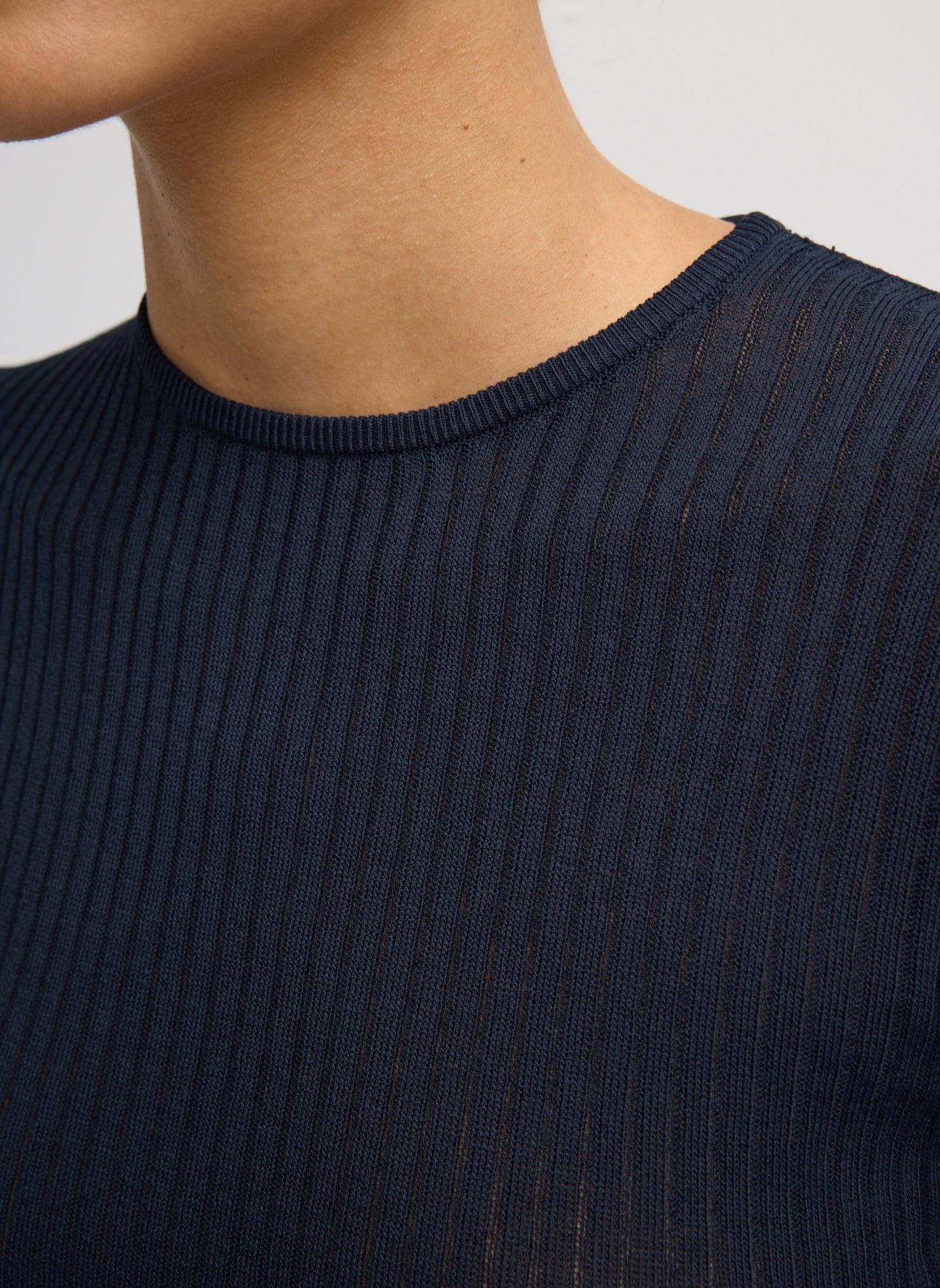 Navy Ribbed Crewneck - closeup of ribbed fabrication