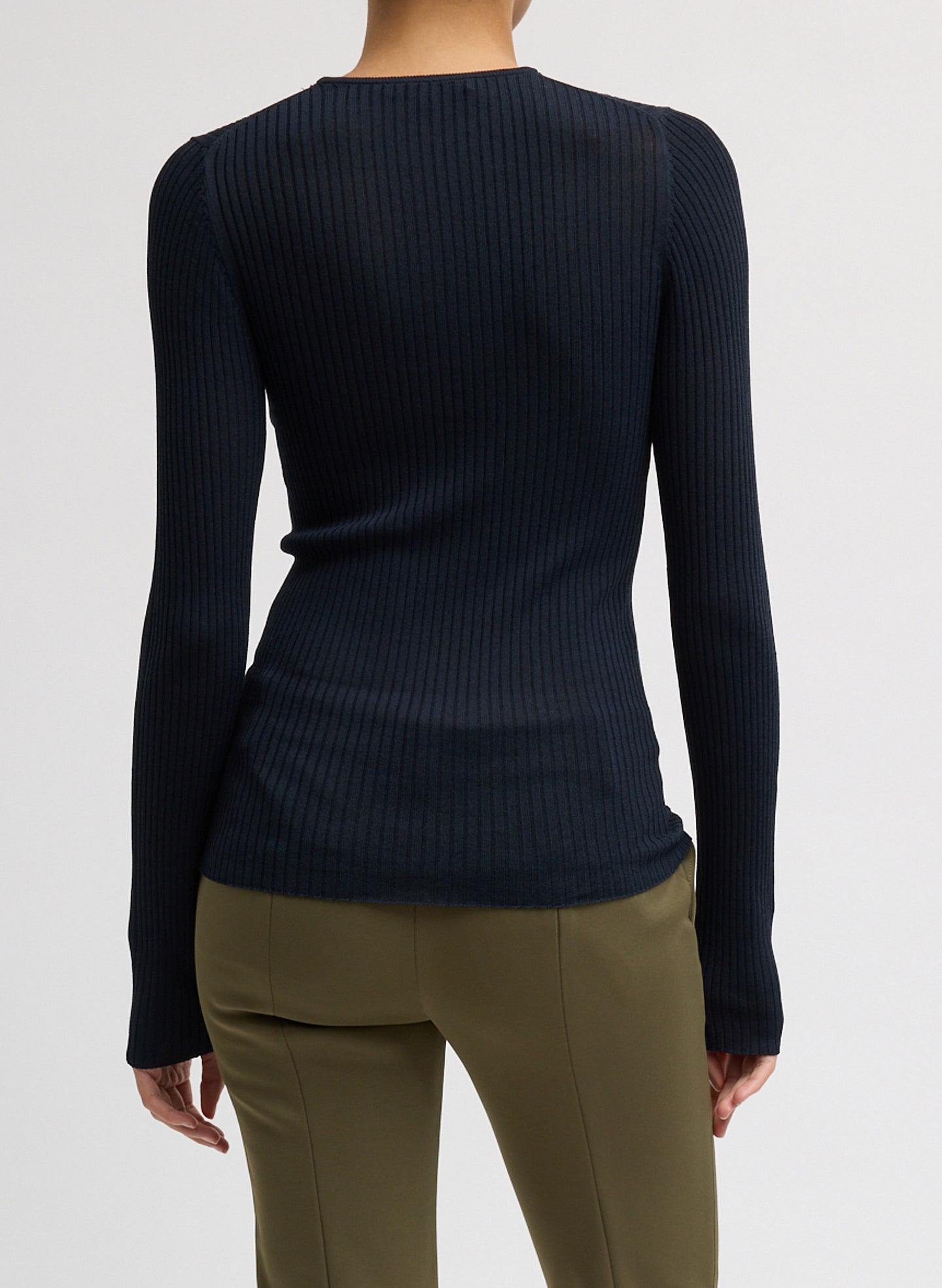 Navy Ribbed Crewneck - long sleeve, thin knit, back view on model