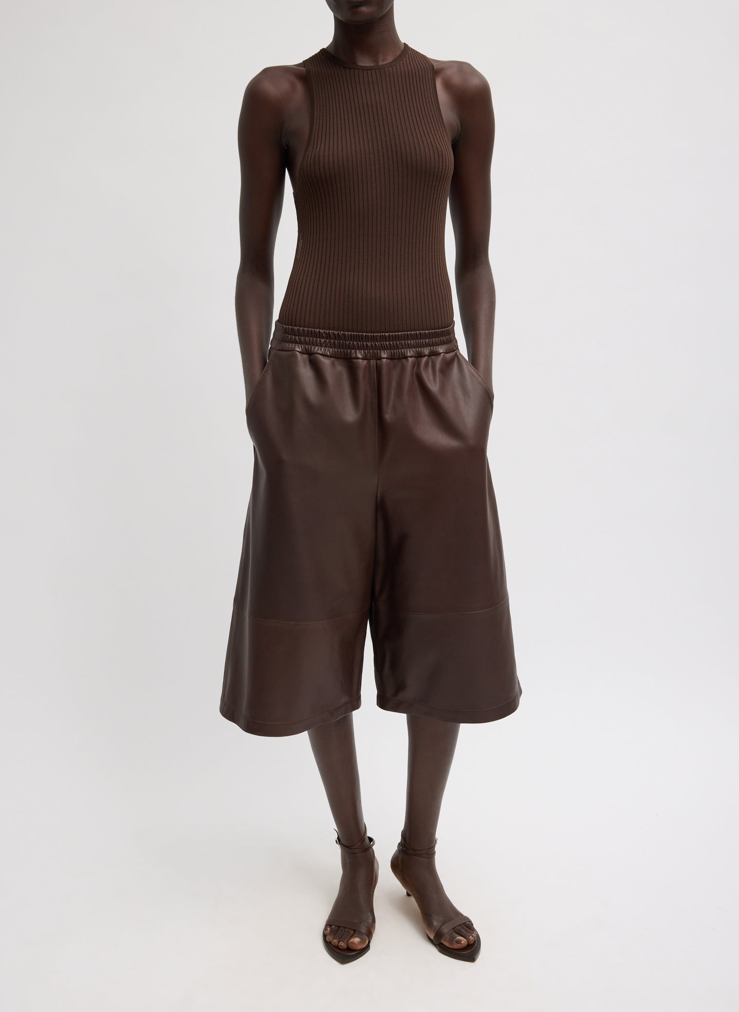 Hickory Brown Ribbed Sweater Cut Out Tank - full look, front view on model