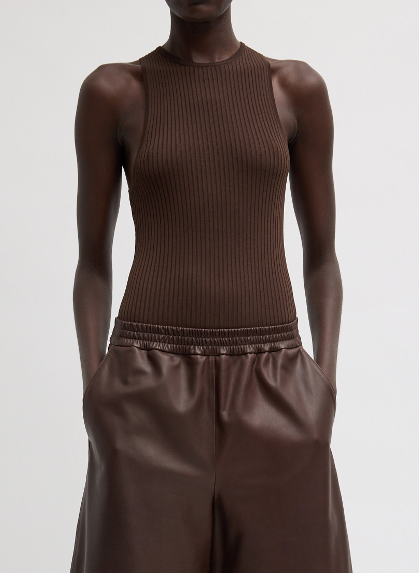 Hickory Brown Ribbed Sweater Cut Out Tank - front view on model