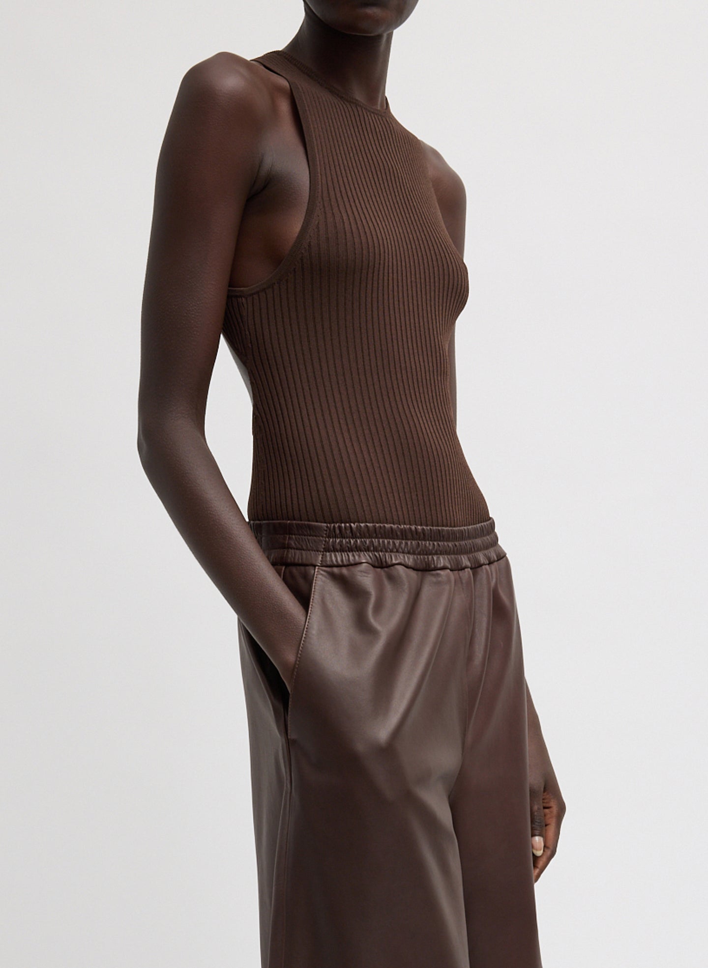 Hickory Brown Ribbed Sweater Cut Out Tank - side view on model