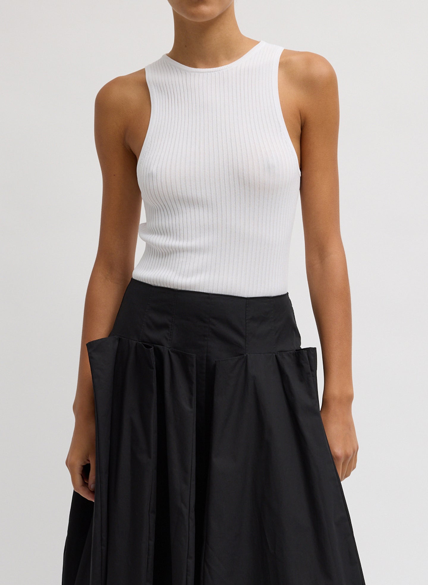 White Ribbed Sweater Cut Out Tank - front view on model