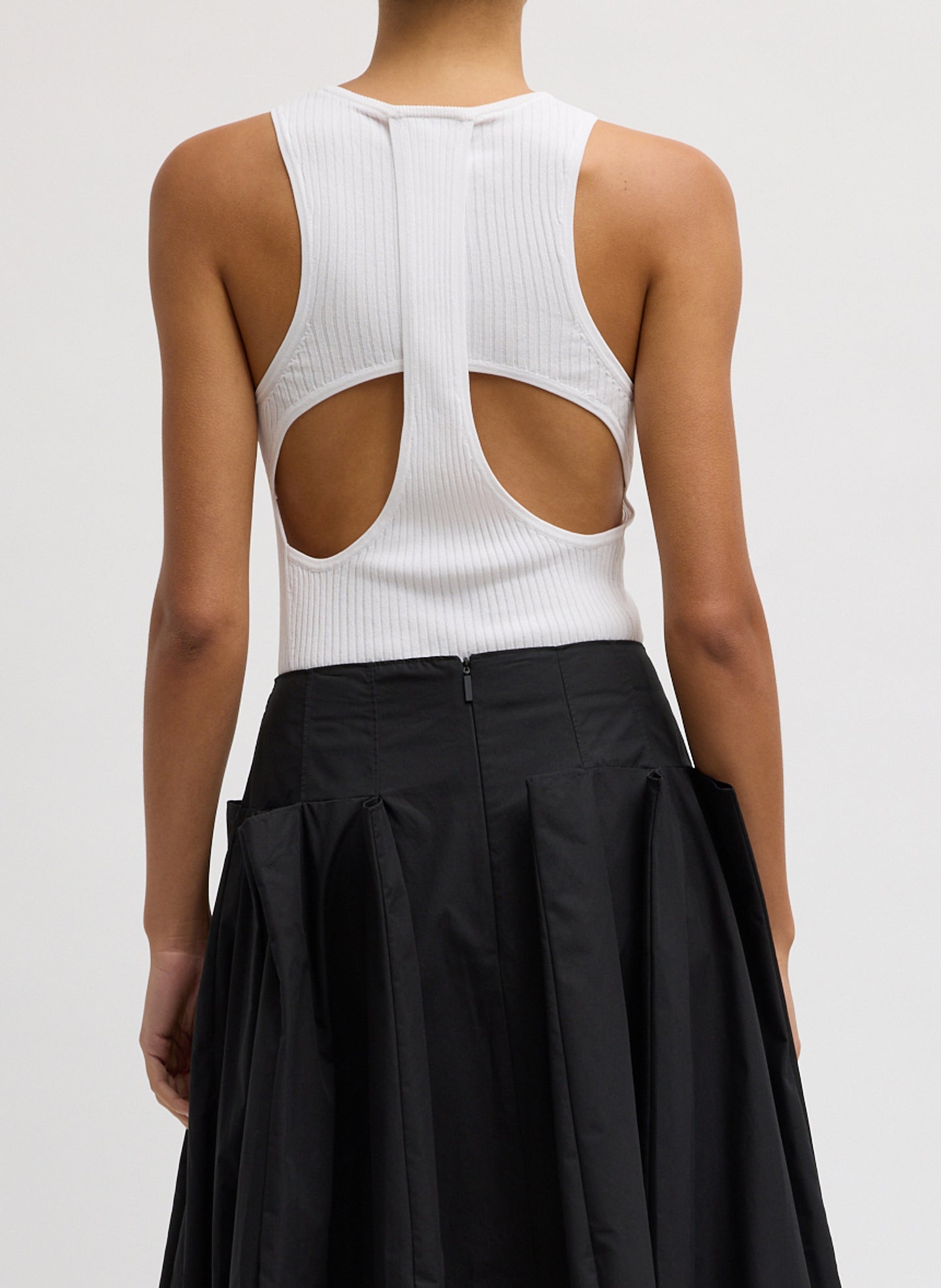 White Ribbed Sweater Cut Out Tank - back view on model