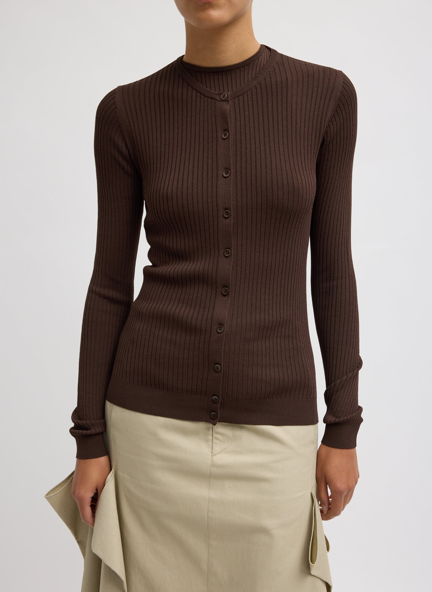 Hickory Brown Ribbed Knit Cardigan - front view on model