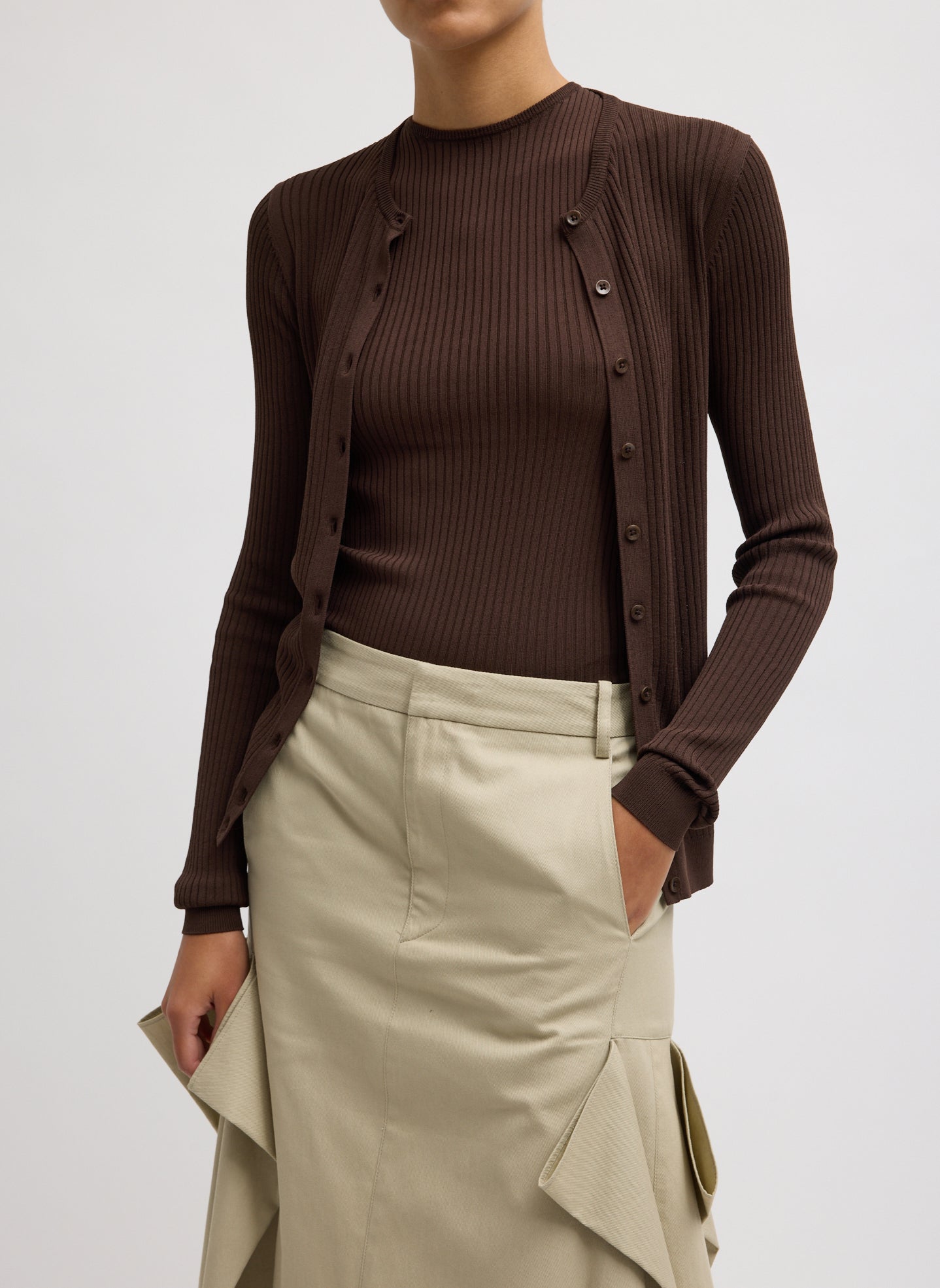 Hickory Brown Ribbed Knit Cardigan - front view on model