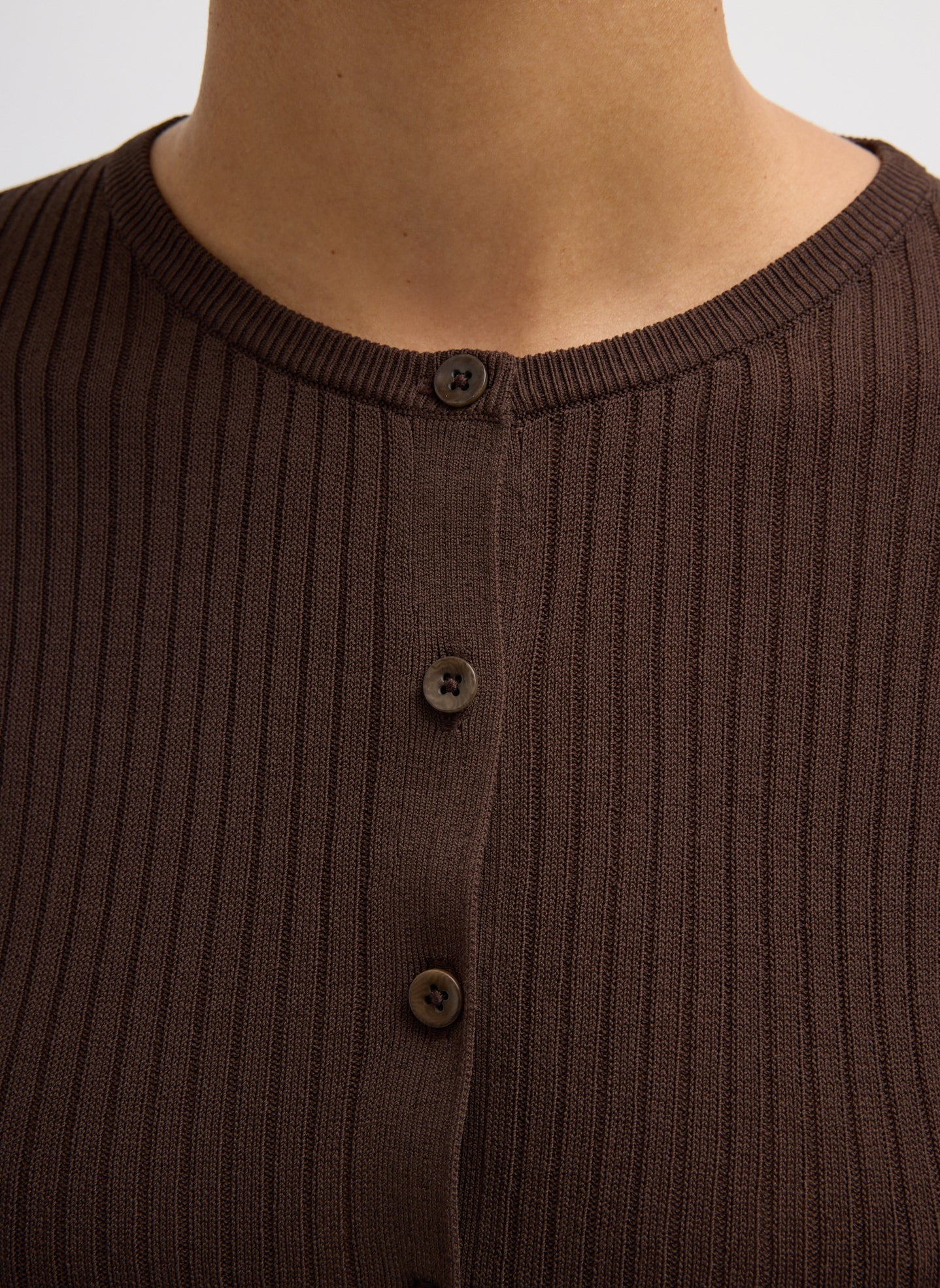 Hickory Brown Ribbed Knit Cardigan - closeup of neckline