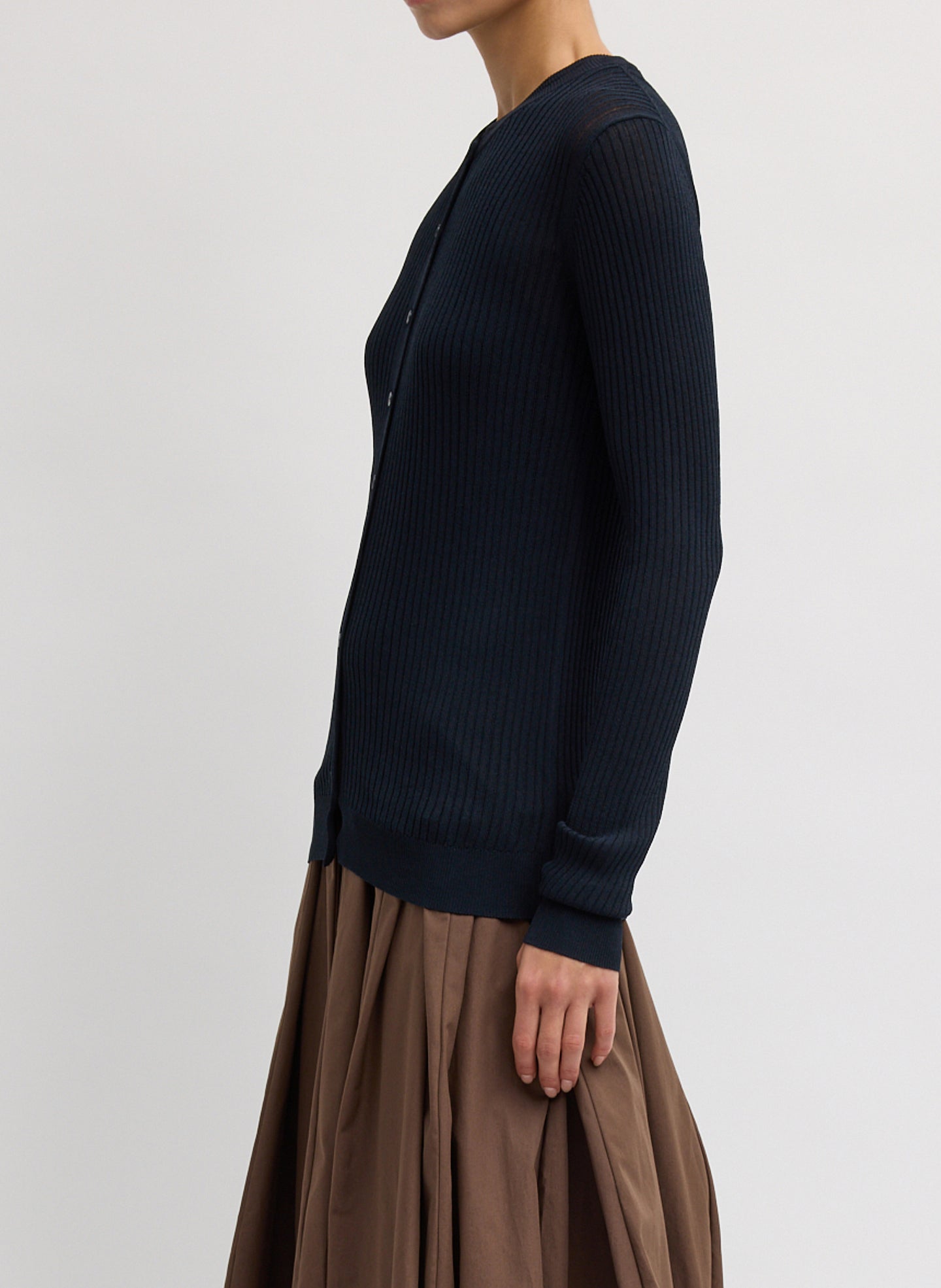 Navy Ribbed Knit Cardigan - side view on model