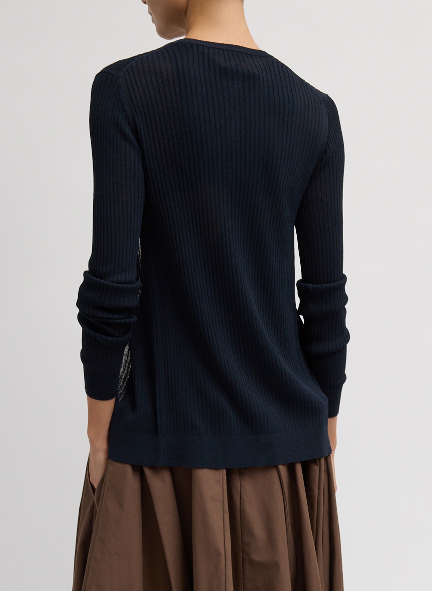 Navy Ribbed Knit Cardigan - back view on model