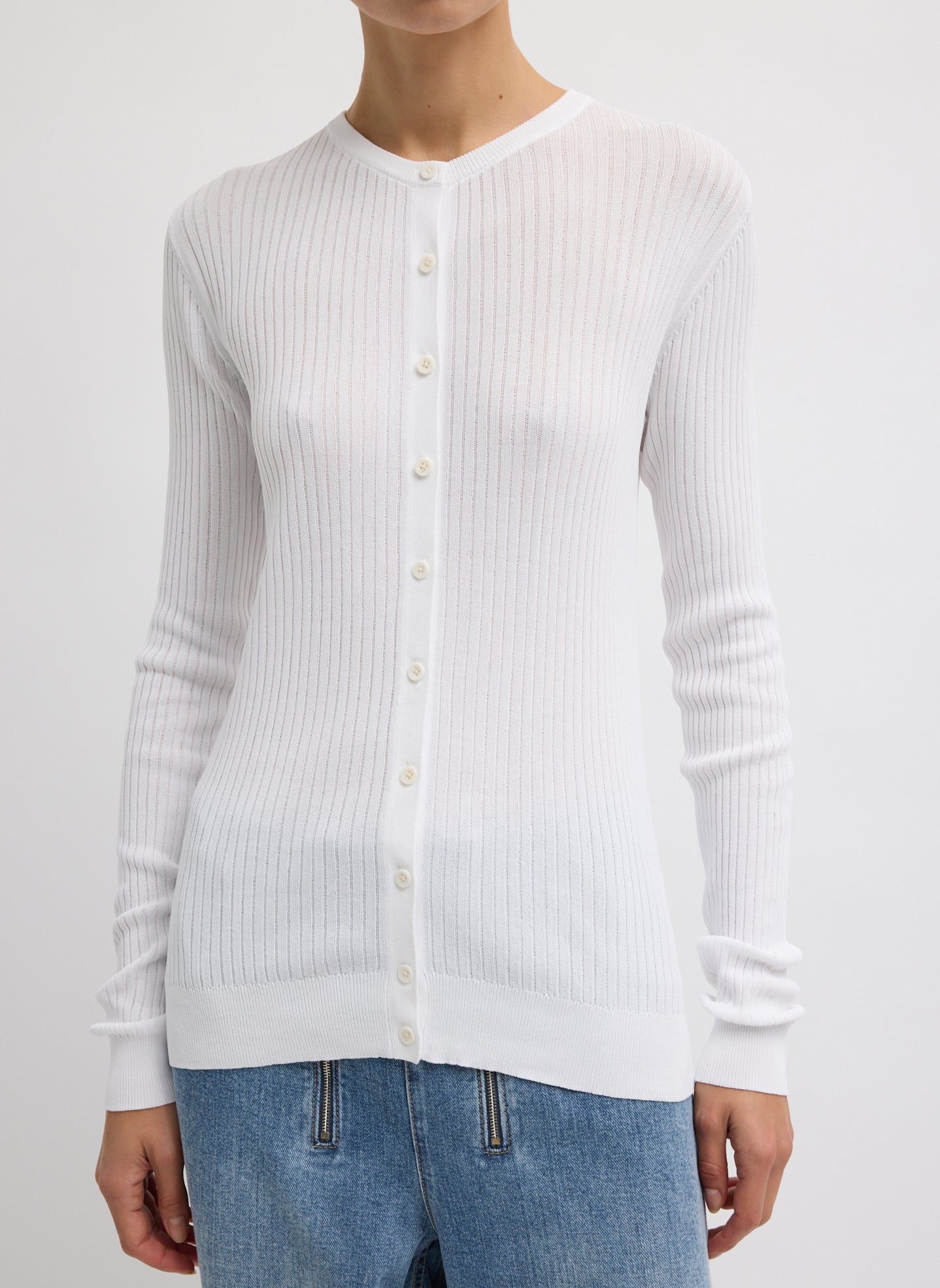 White Ribbed Knit Cardigan - front view on model