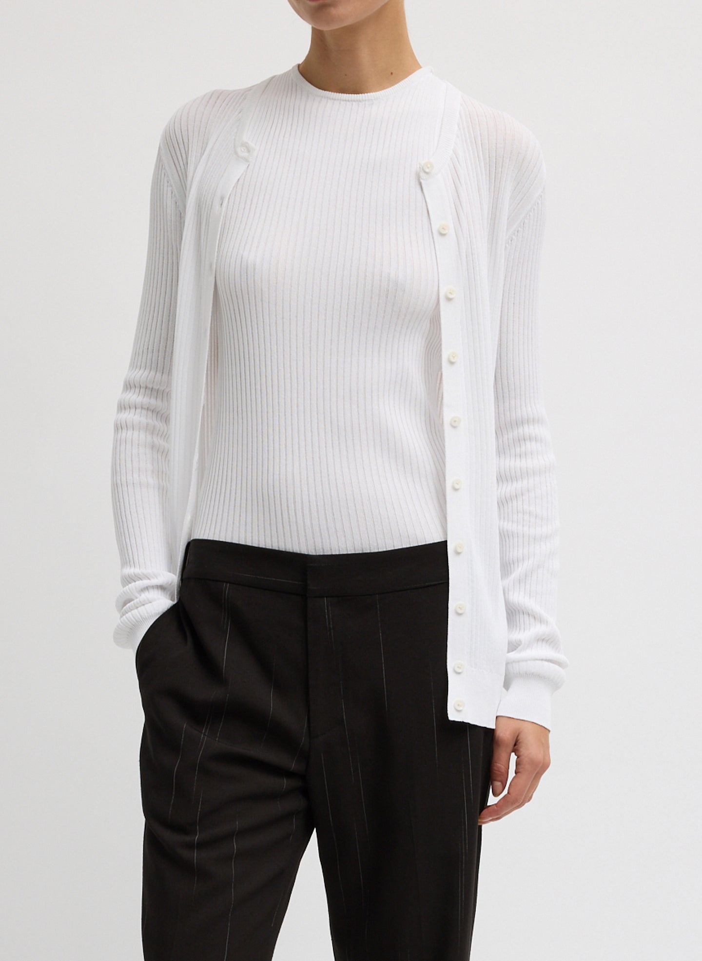 Navy Ribbed Knit Cardigan - front view on model