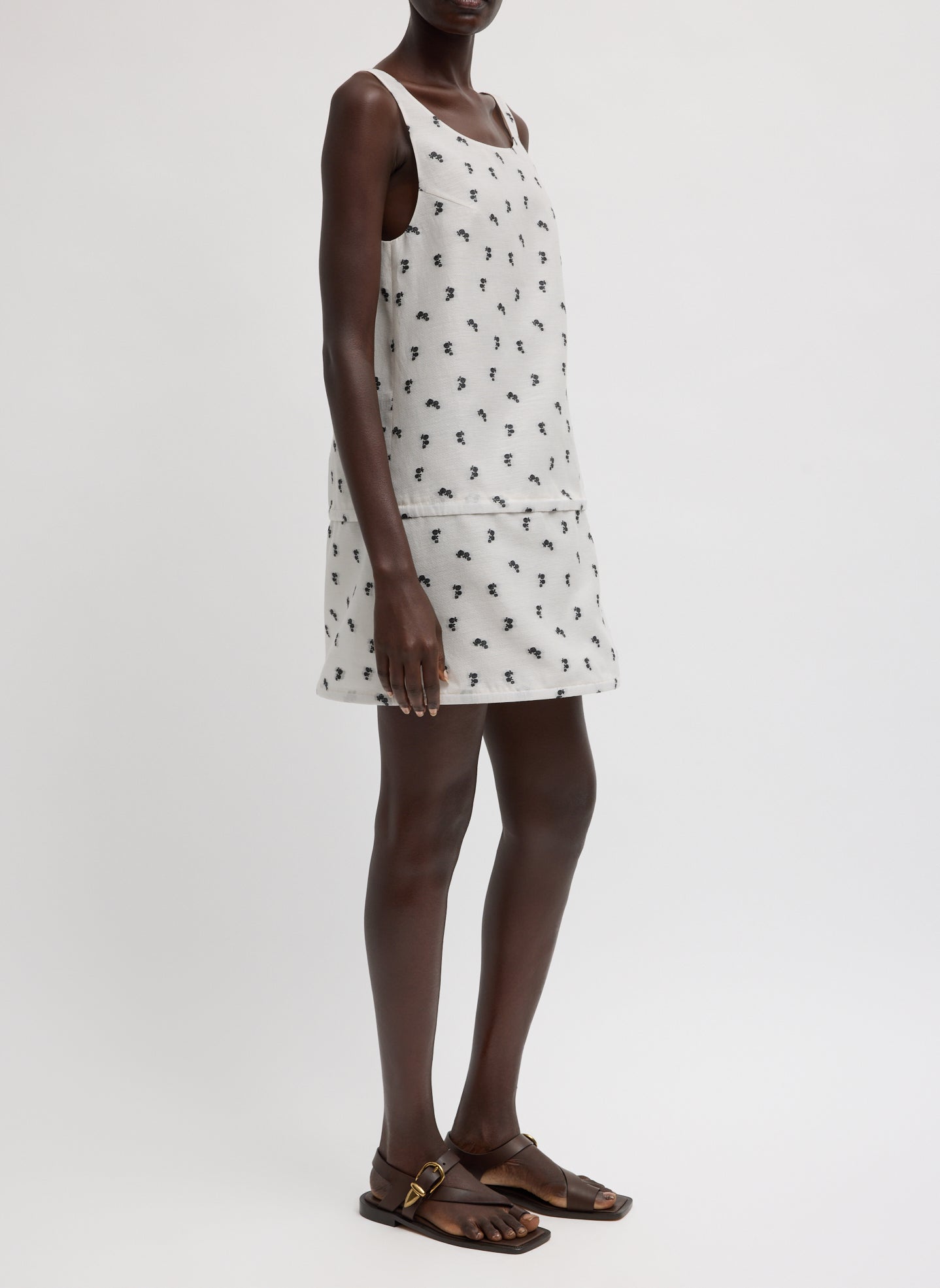 Ivory Silk Gazaar Jacquard Hoop Sleeveless Dress - patterned mini dress, side view on model