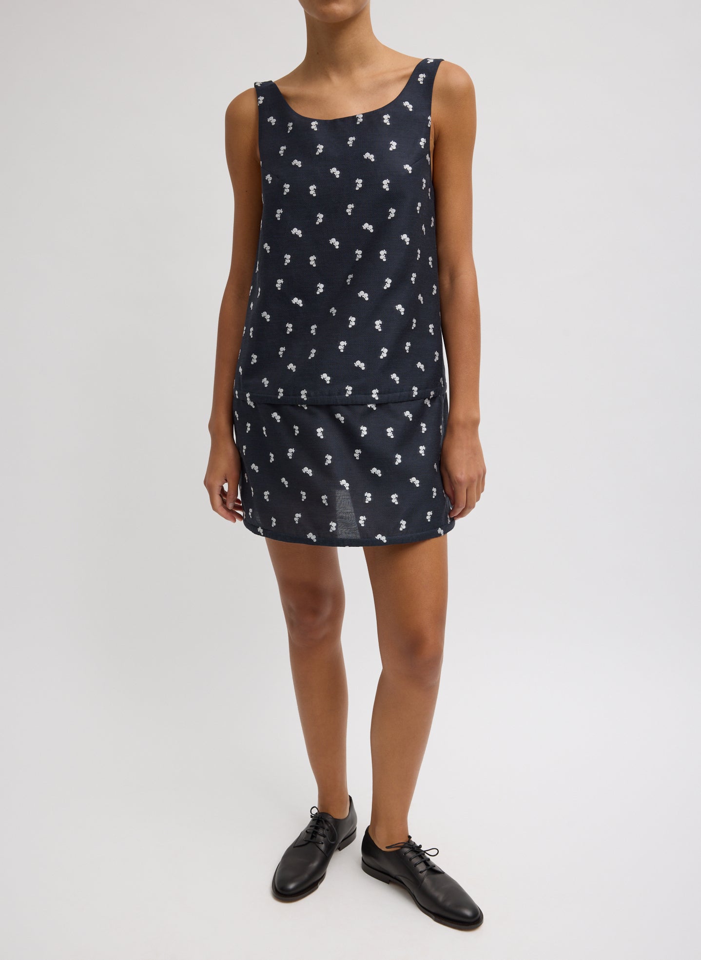 Navy Silk Gazaar Jacquard Hoop Sleeveless Dress - patterned mini dress, front view on model