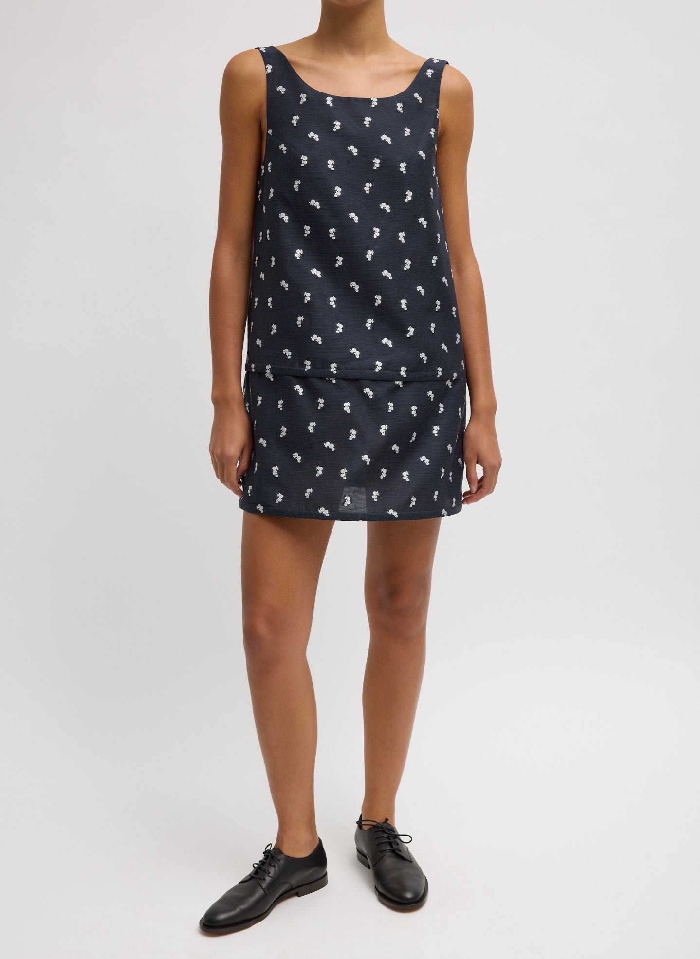 Navy Silk Gazaar Jacquard Hoop Sleeveless Dress - patterned mini dress, front view on model