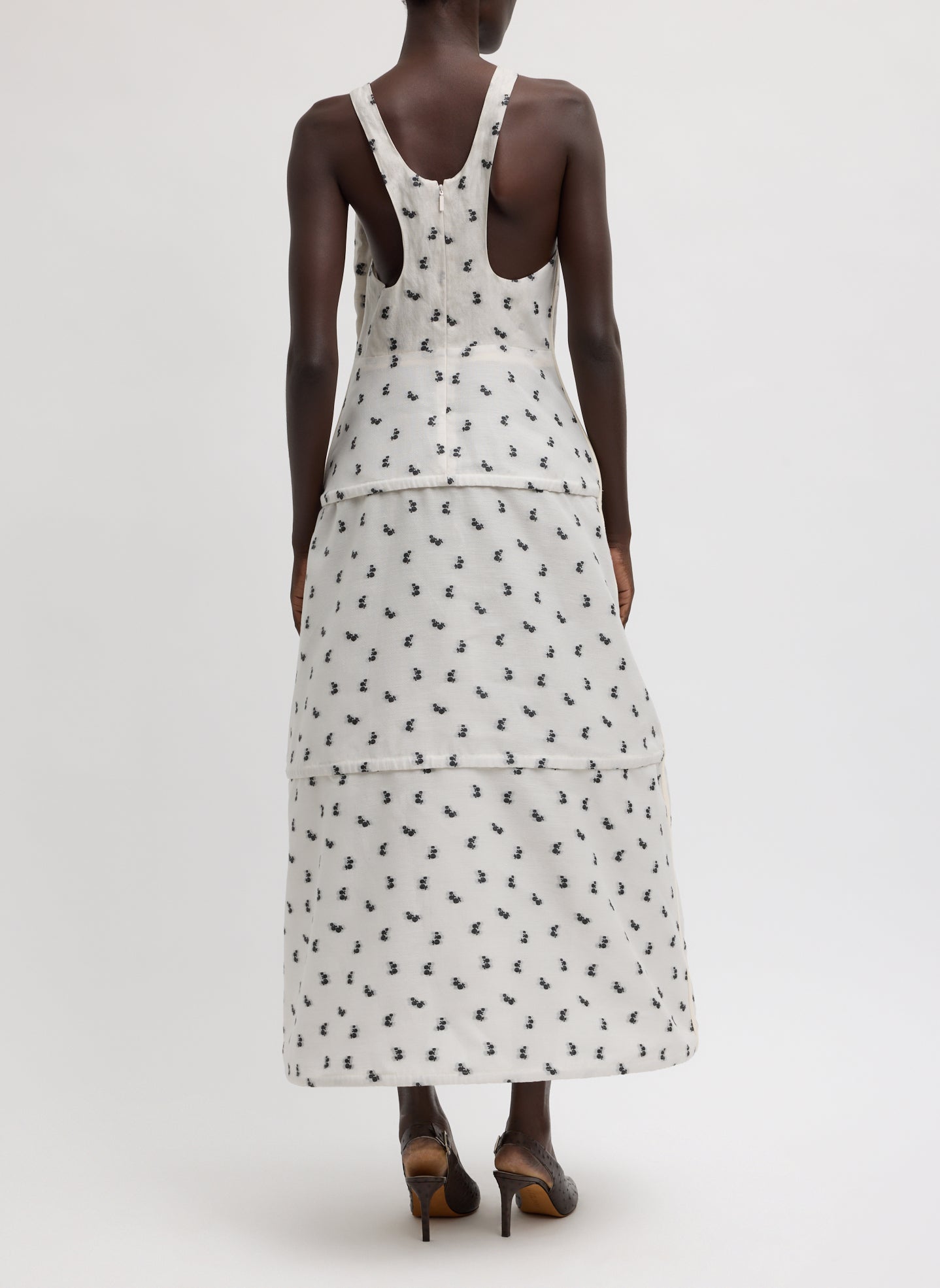Ivory Silk Gazaar Jacquard Hoop Racerback Dress - patterned long dress, back view on model