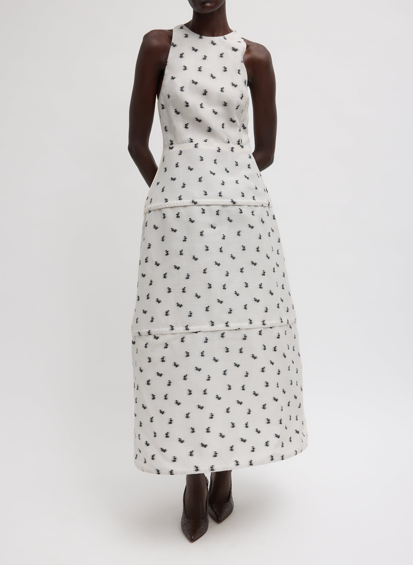 Ivory Silk Gazaar Jacquard Hoop Racerback Dress - patterned long dress, front view on model