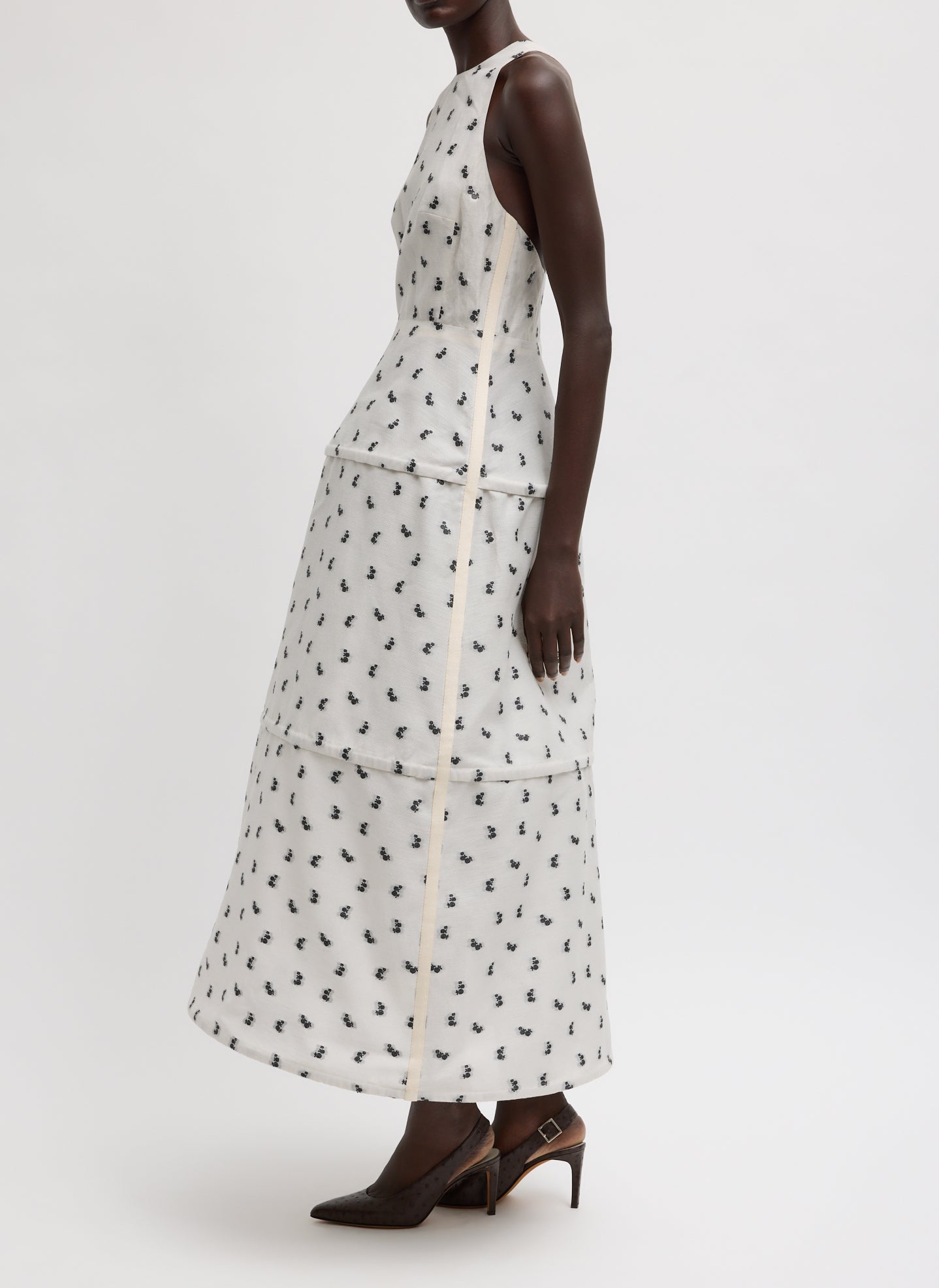 Ivory Silk Gazaar Jacquard Hoop Racerback Dress - patterned long dress, side view on model
