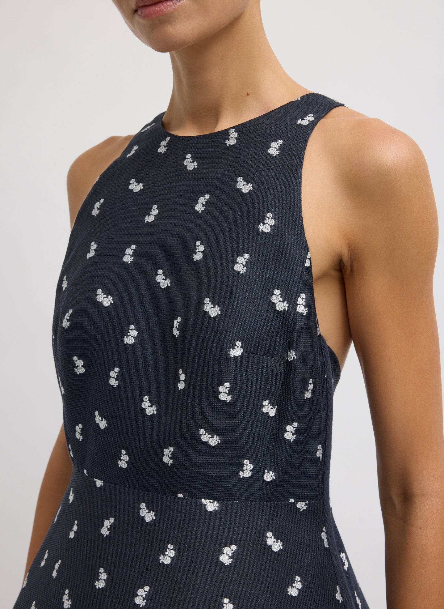Navy Silk Gazaar Jacquard Hoop Racerback Dress - close up of silk jacquard fabric and pattern detail