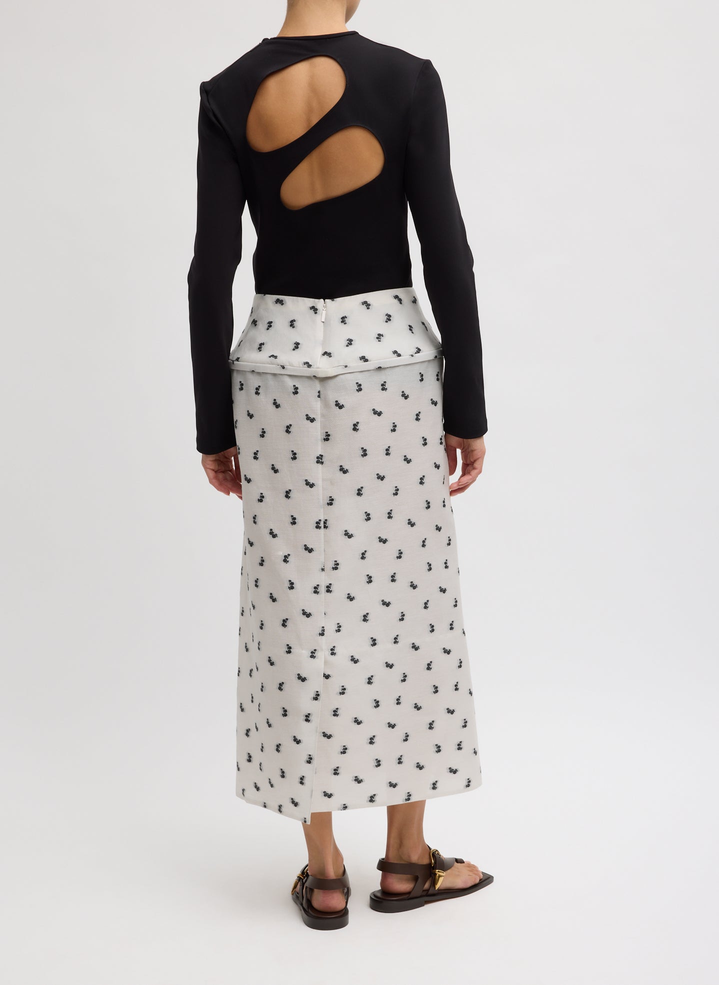 Ivory Silk Gazaar Jacquard Hoop Pencil Skirt - patterned midi skirt with hoop insert, back view on model
