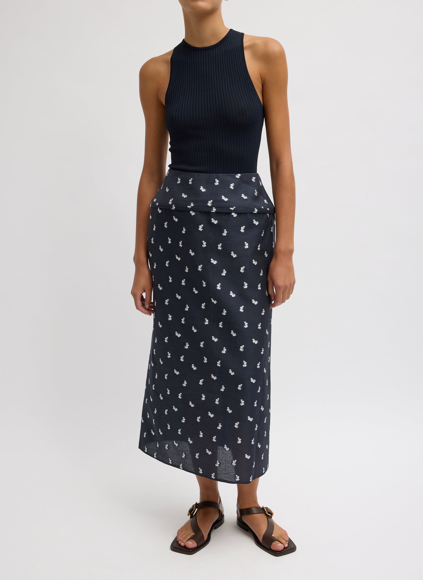Navy Silk Gazaar Jacquard Hoop Pencil Skirt - patterned midi skirt with hoop insert, front view on model