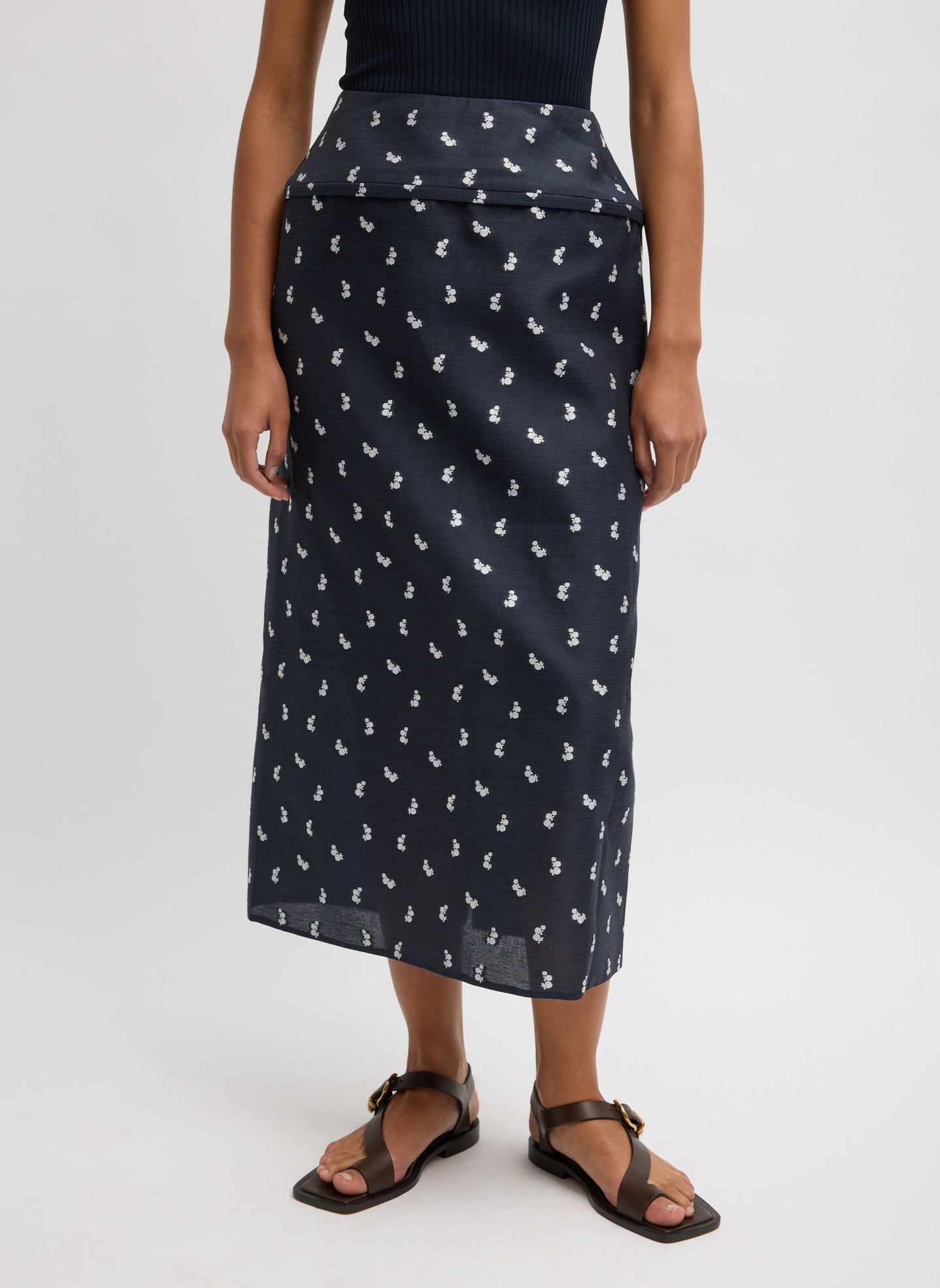 Navy Silk Gazaar Jacquard Hoop Pencil Skirt - front view on model