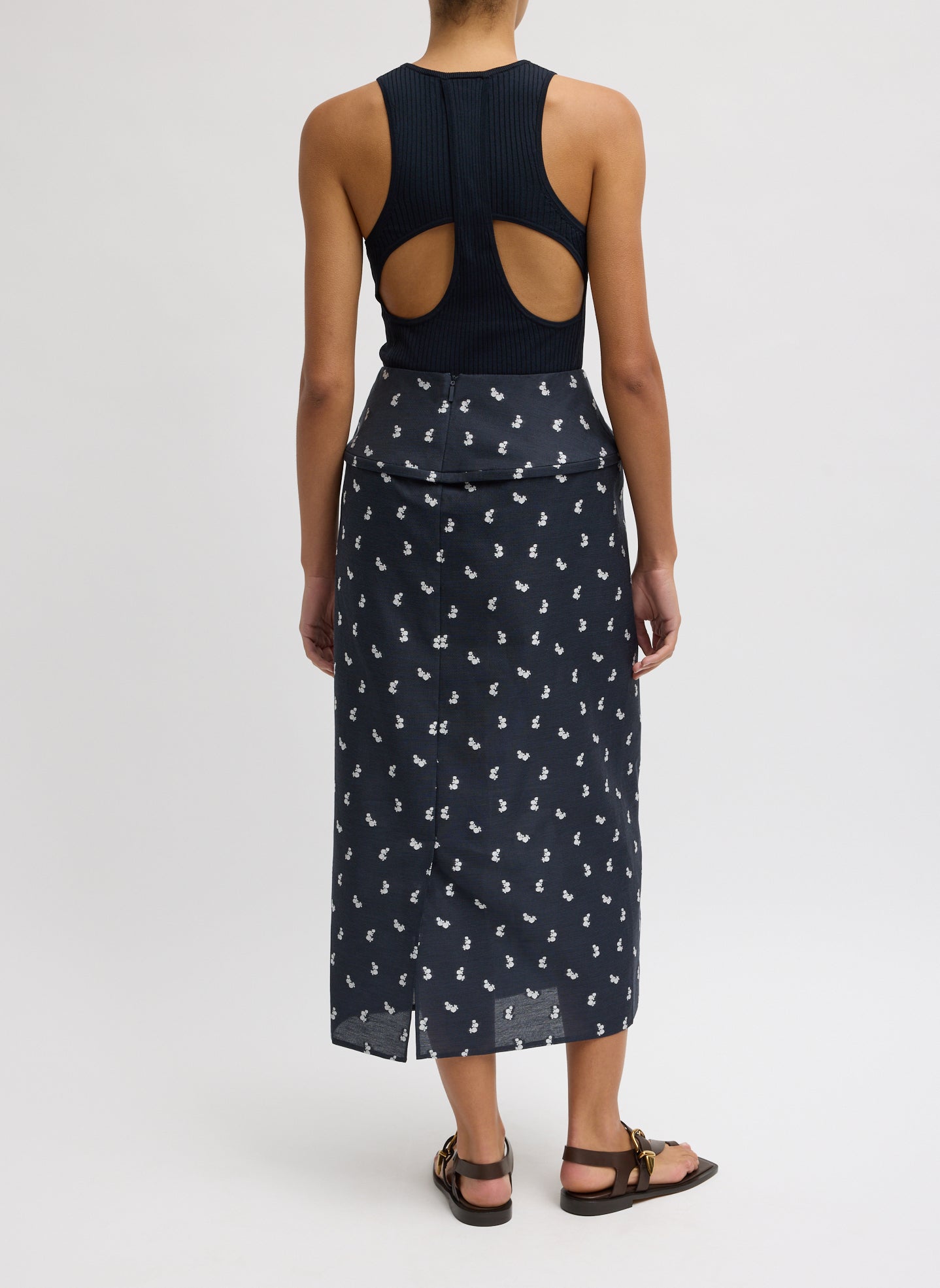 Navy Silk Gazaar Jacquard Hoop Pencil Skirt - patterned midi skirt with hoop insert, back view on model