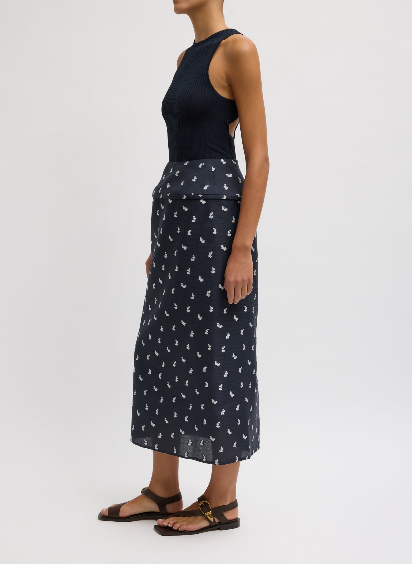 Navy Silk Gazaar Jacquard Hoop Pencil Skirt - patterned midi skirt with hoop insert, side view on model