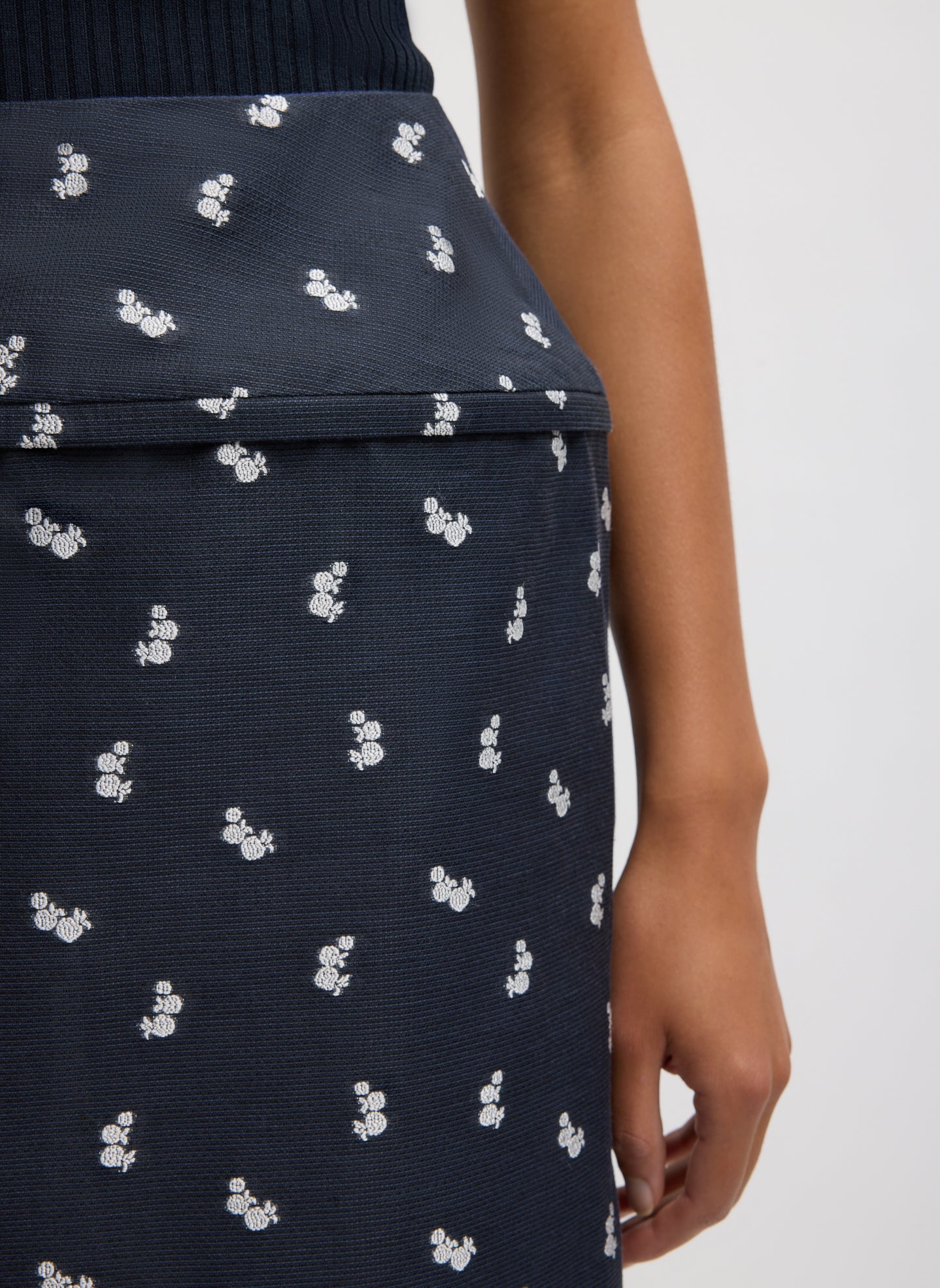 Navy Silk Gazaar Jacquard Hoop Pencil Skirt - closeup of silk jacquard fabric and pattern detail