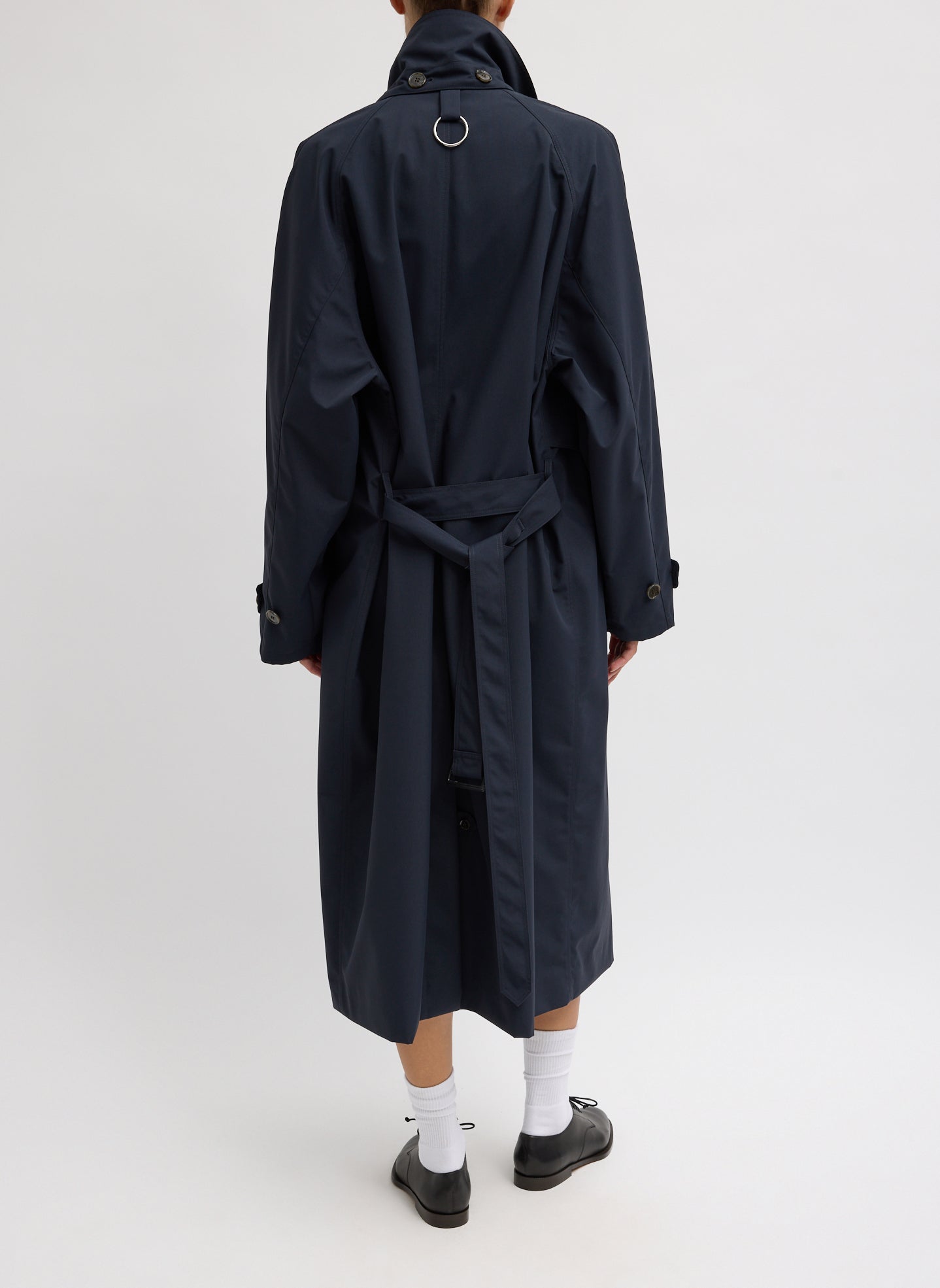Navy Double Collar Frank Trench - trench coat, back view on model