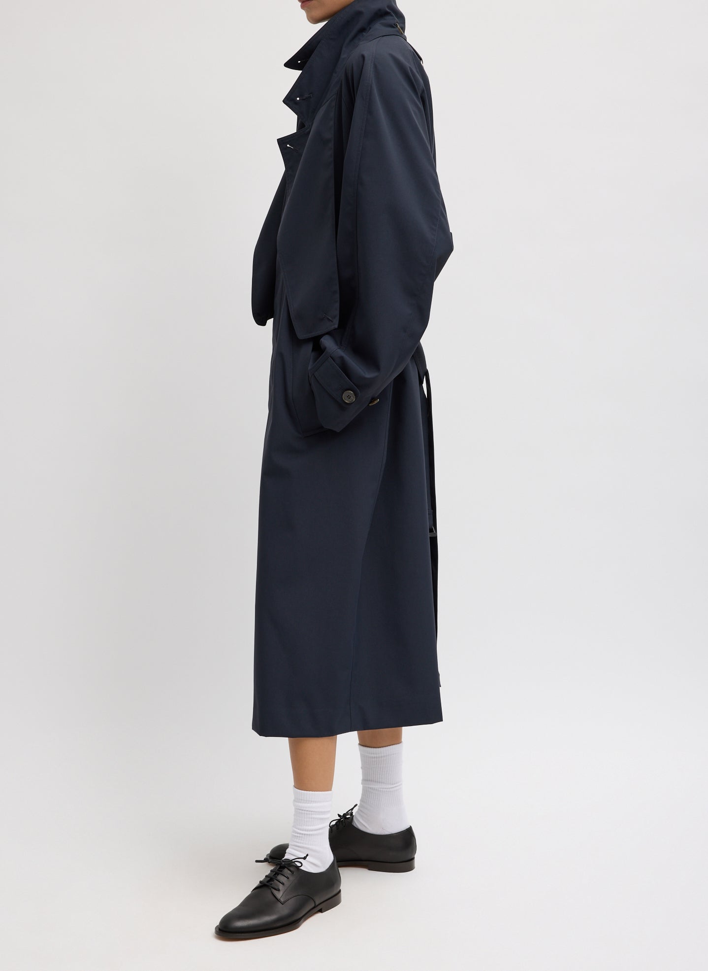 Navy Double Collar Frank Trench - trench coat, side view on model