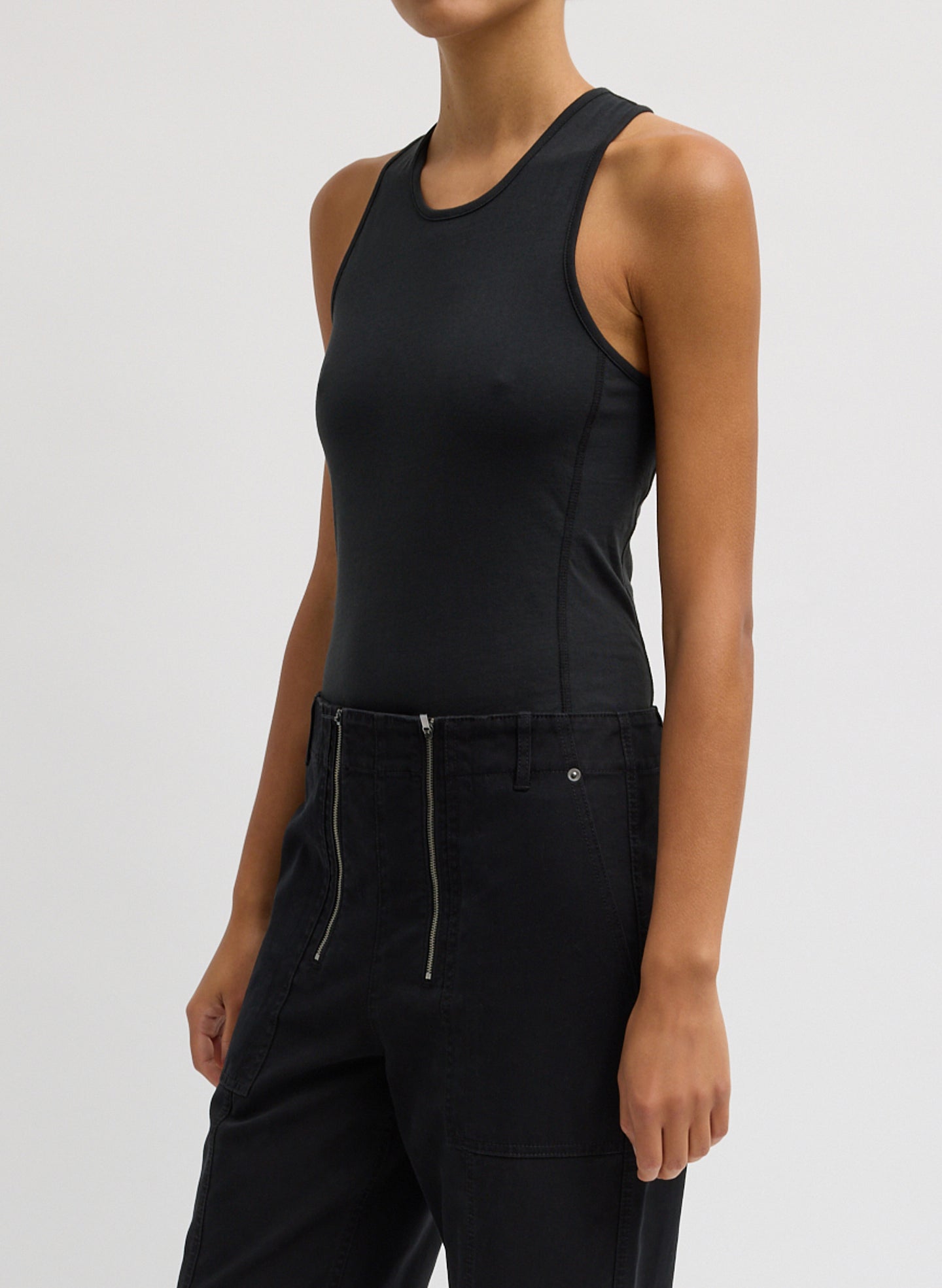 Black Racerback Bodysuit - sleeveless tank, side view on model