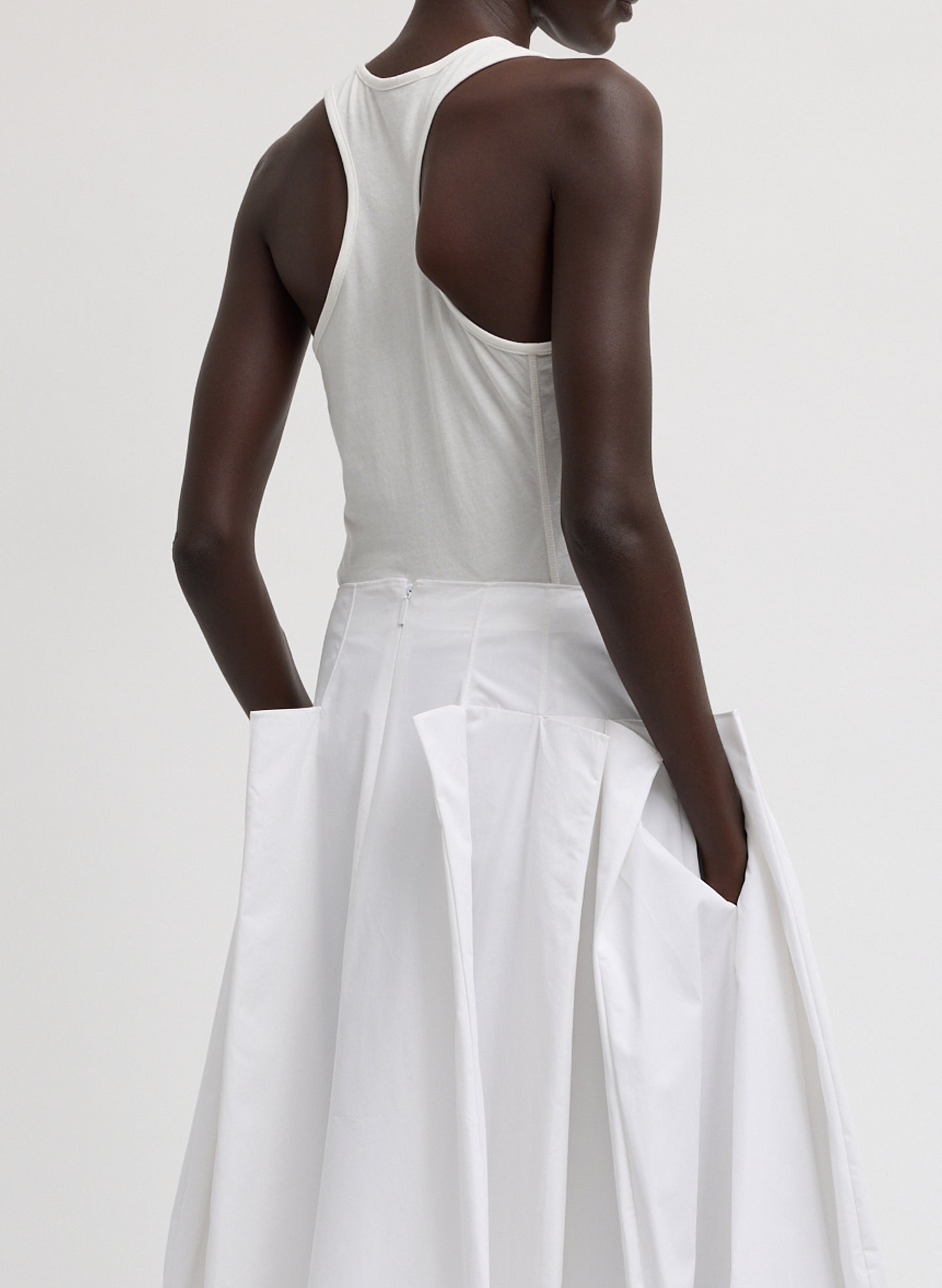 White Racerback Bodysuit - sleeveless tank, back view on model