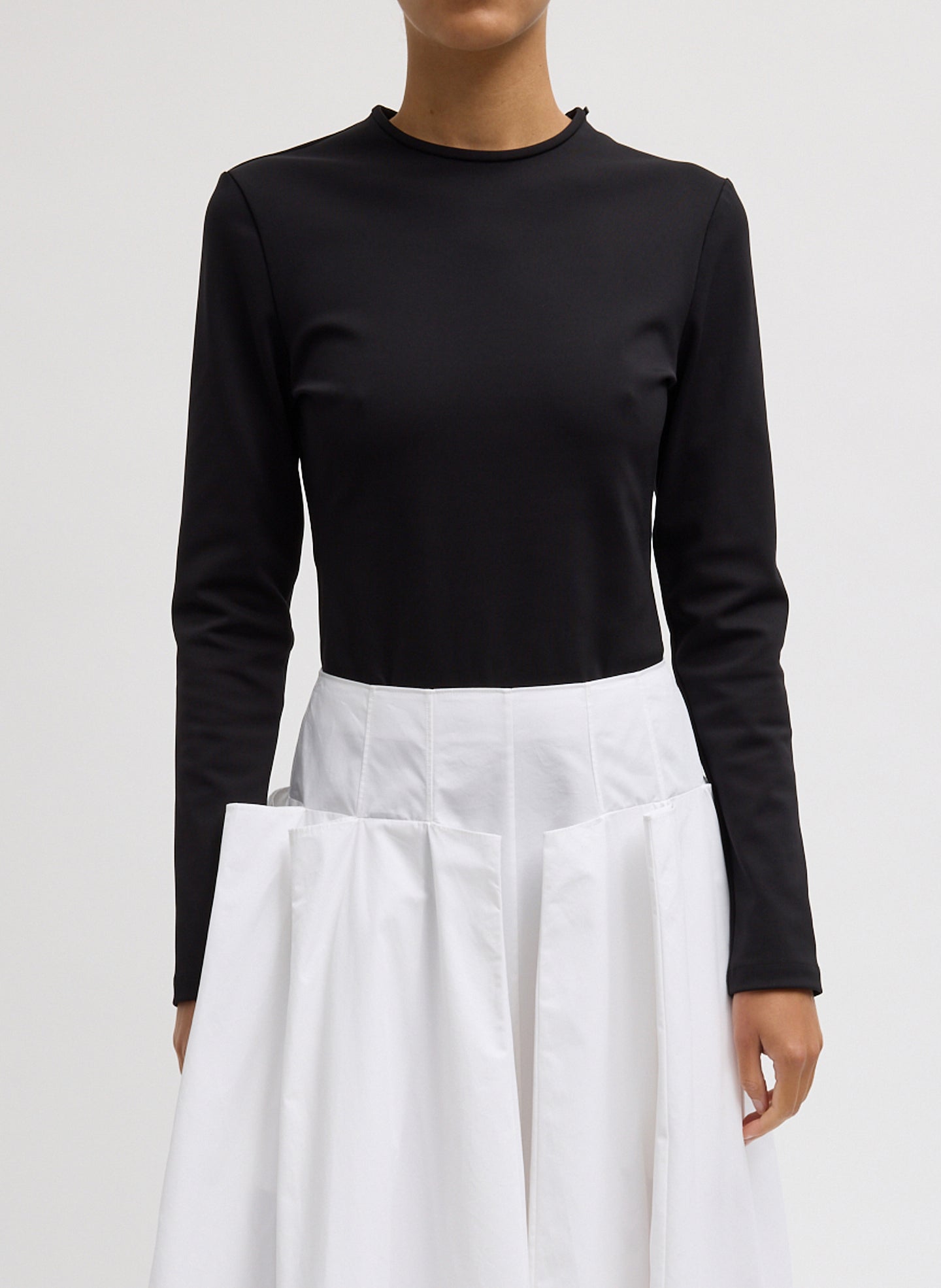 Black Compact Ultra Stretch Cut Out Back Top - long sleeve, front view on model